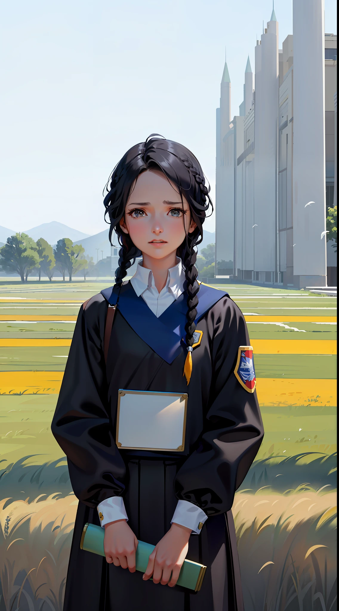 Movie Poster,((Braid Hairstyle: 1.5)),Science Fiction,Sci-Fi,Sci-Fi Action Movies,Front View,Insidious Facial Expressions,Women,(Adult),(34 Years old: 1.4),One-Sided Braided Hairstyle,Black Hairstyle,Black Eyes,(Based on University Professor's Uniform 1948:1.6), missile at the rear, (overhanging in the middle of a wide open meadow with a breeze blowing)