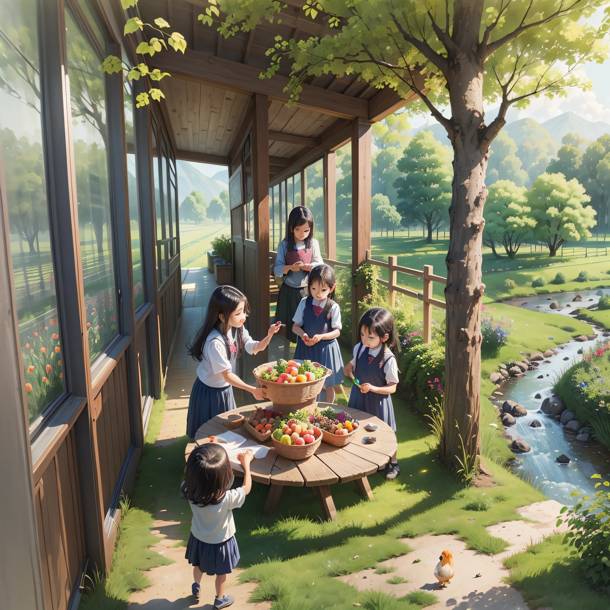 A female teacher leads children to play eagle and chicken in the rural field, surrounded by fruit trees, ripe vegetables, small rivers, beautiful natural scenery, and a small colorful wall of kindergarten, simple painting style, Chinese ink style, watercolor, children's magazine, overlook --auto --s2