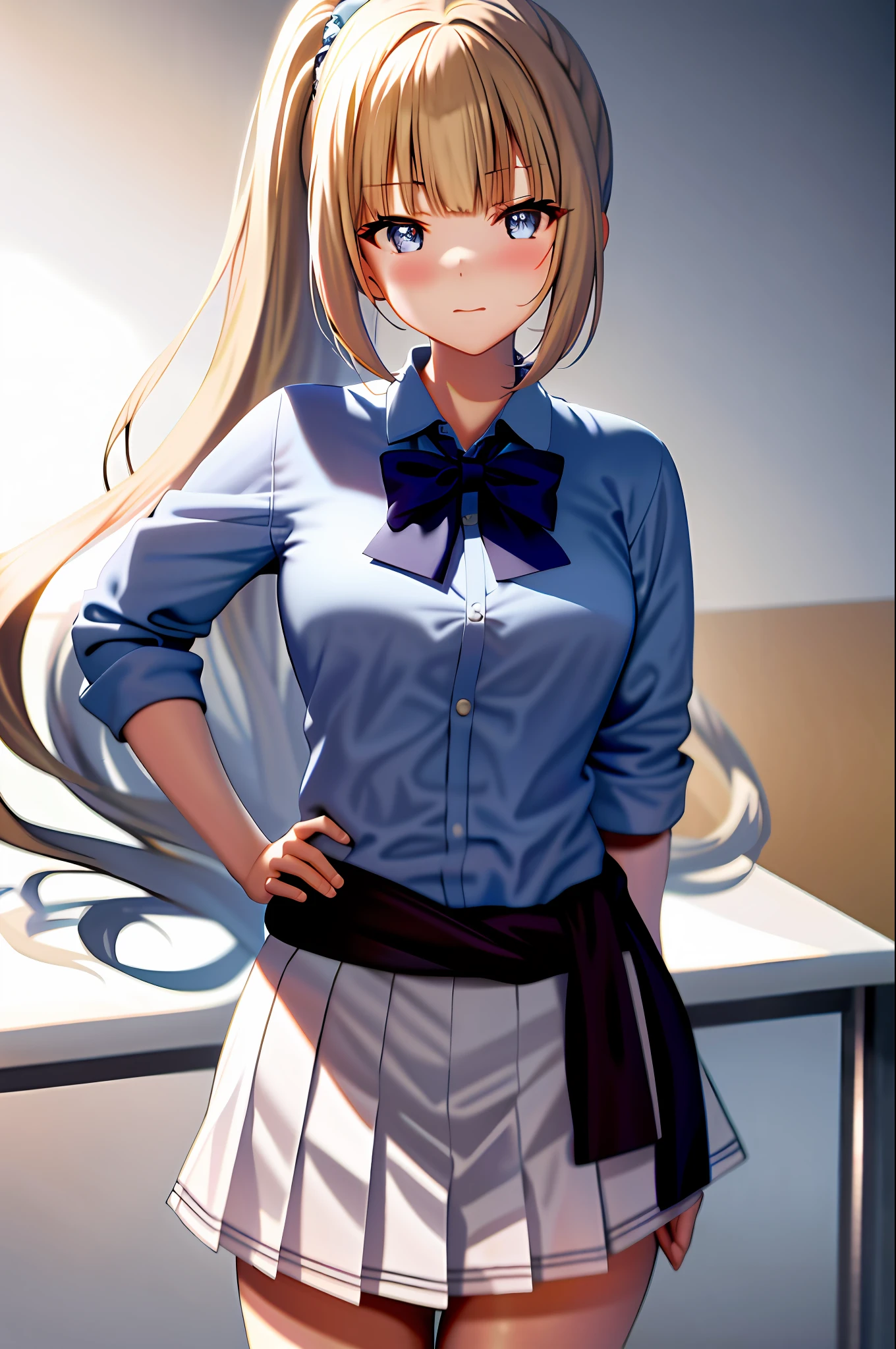 masterpiece, best quality, highres, 1girl, kei karuizawa, blue shirt, white skirt, standing, upper body, clothes around the waist, in class, CG, ultra detailed, fanart