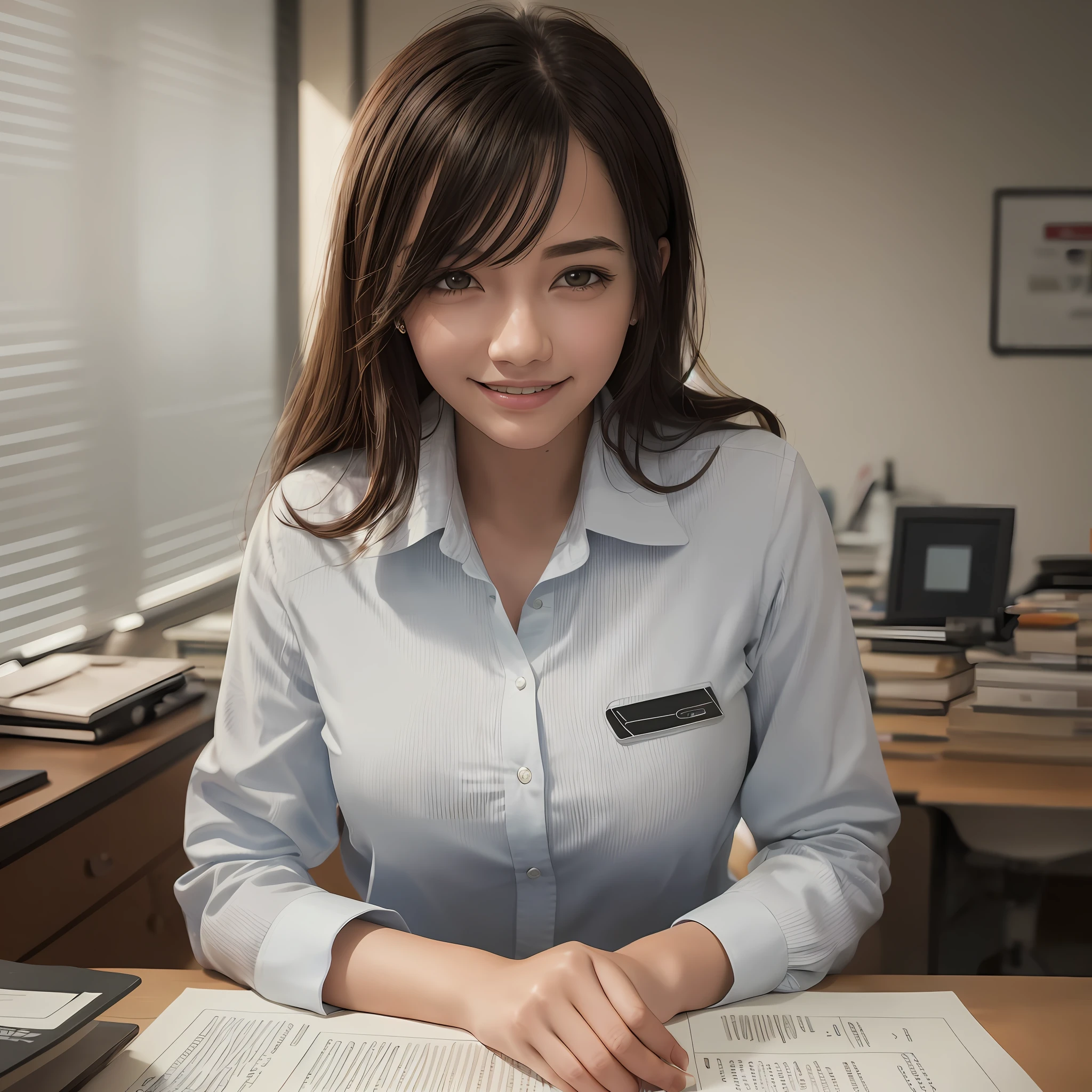 Pixarstyle A young woman in an office shirt, drenched, lying on her desk with legs apart, smiling, office, natural skin texture, 4k texture, HDR, intricate, very detailed, sharp focus, cinematic look, super detailed