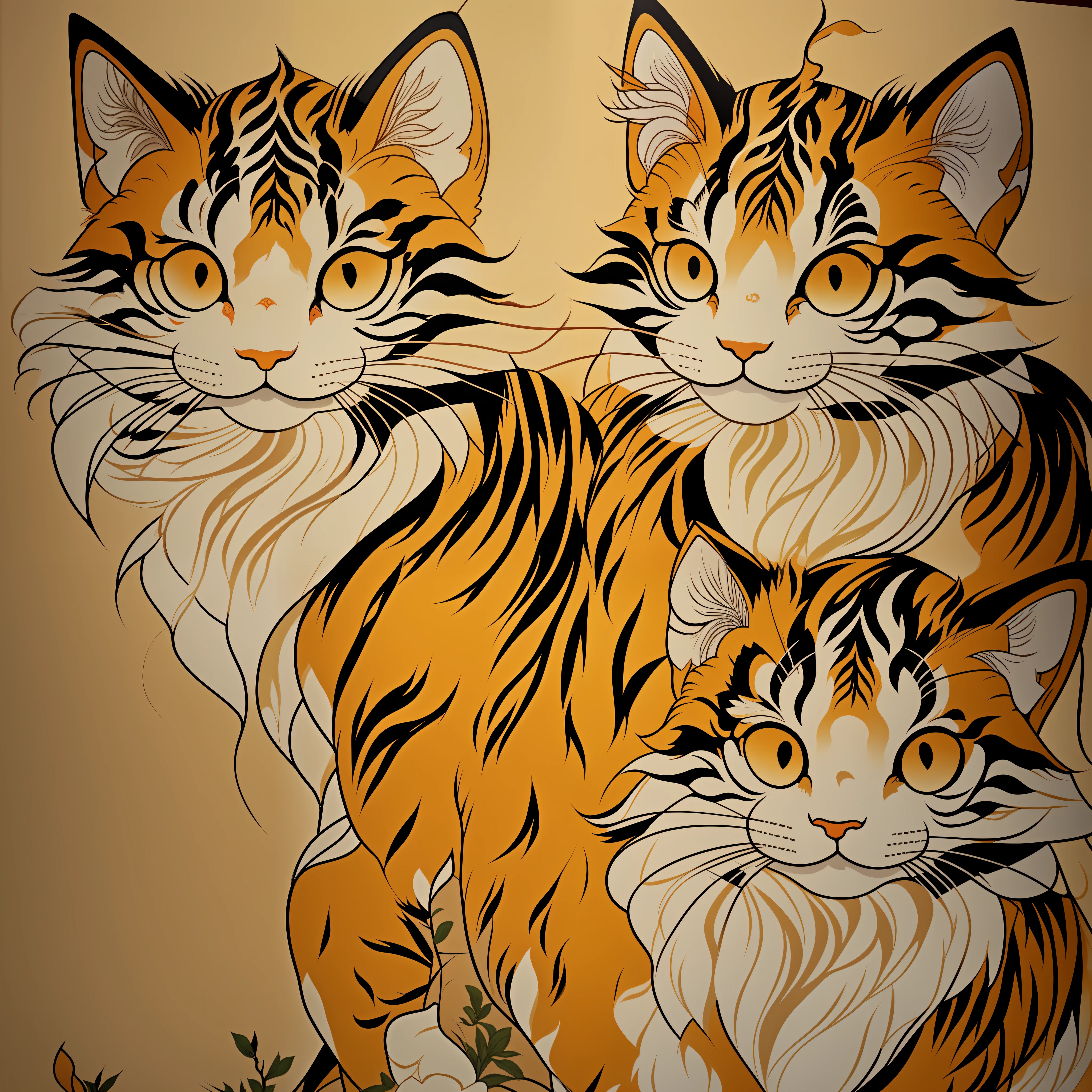 Close-up of an ancient Chinese adult cat, the subject is a cat, mural, fierce expression, Asura in Chinese mythology, ancient Chinese art style, Wen Boren, golden Chinese tiger fantasy, mythical creatures, Chinese bear concept art, ancient Chinese gorgeous, Chinese mythology, ink flowers, inspired by Puhua, an ancient creature, qigong, single close-up, with body, Qing dynasty painting, traditional painting, intricate detail painting, the best quality, masterpiece, very delicate and beautiful