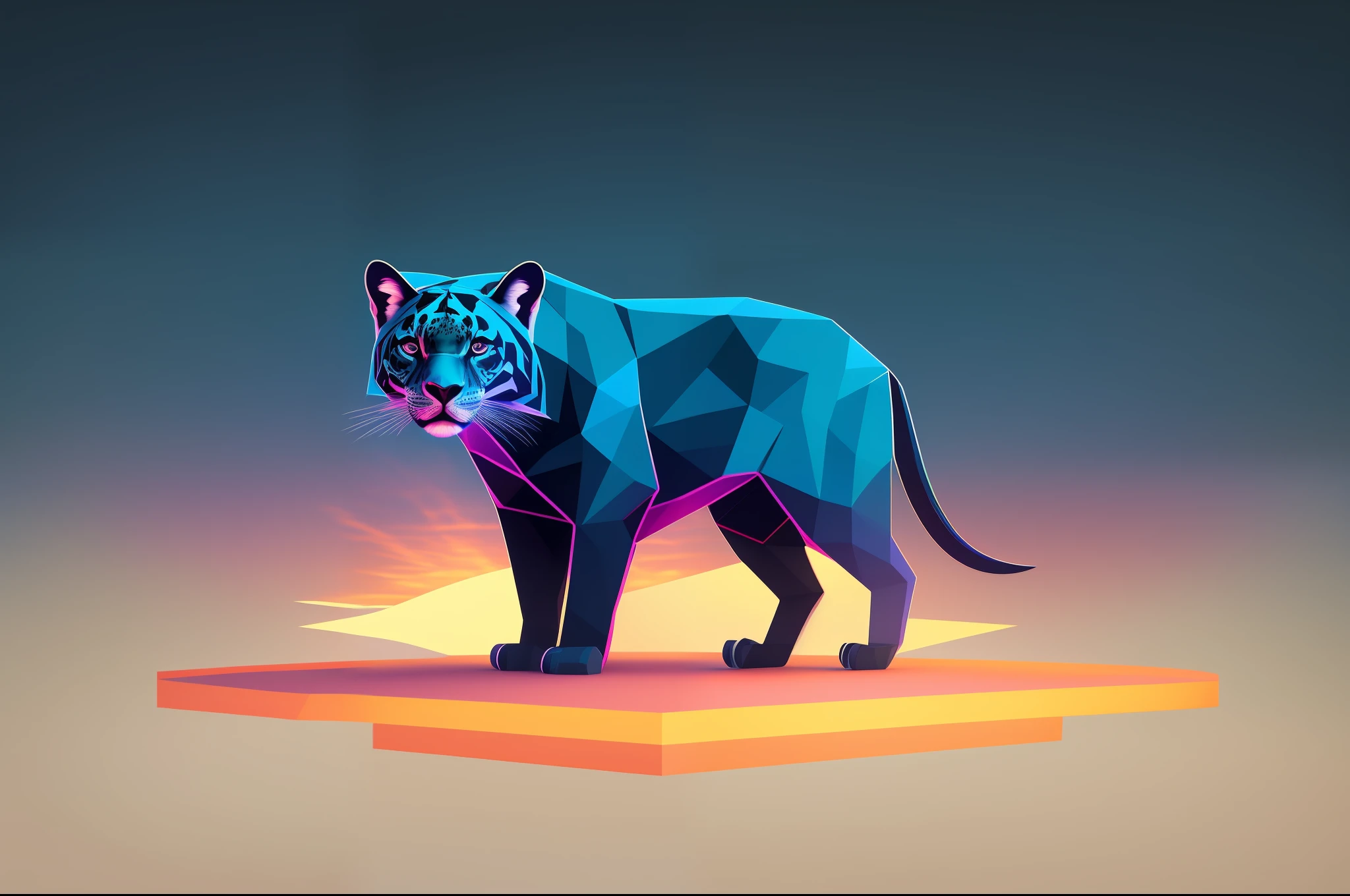 a silhouette design of a jaguar, with defined sharpen eyes, sunset design, t- shirt art, 3D vector art, cute and quirky, bright bold colorful., black background, watercolor effect, , digital painting, low-poly, soft lighting, bird's-eye view, isometric style, retro aesthetic, focused on the character, 4K resolution, photorealistic rendering, using Cinema 4D,front side
