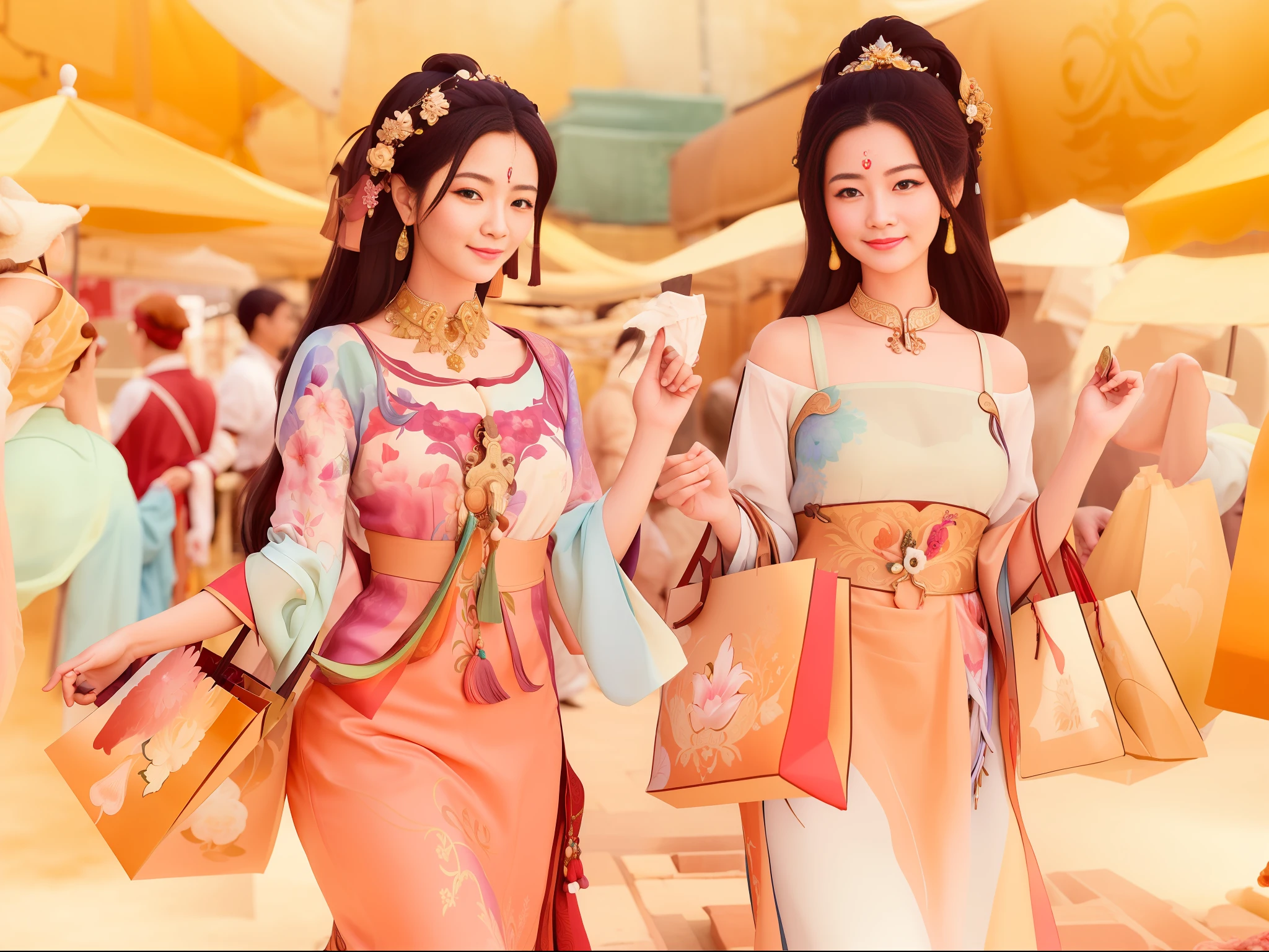 (((best quality))),(((ultra detailed))),(((masterpiece))), illustration, Several ancient beauties dressed in gorgeous costumes joyfully shop in a market in ancient times, carrying small baskets and cloth bags filled with items. The market is full of various goods, making them overwhelmed with choices. Full shot body photo of the most beautiful artwork in the world featuring ancient beauties shopping in a market, smiling, colorful costumes, traditional, cultural, historical, nostalgic, intricate details, high resolution, trending on social media, Instagram-worthy, oriental, elegant, exquisite, graceful, beauty, shopping spree. .beautiful face，dunhuang