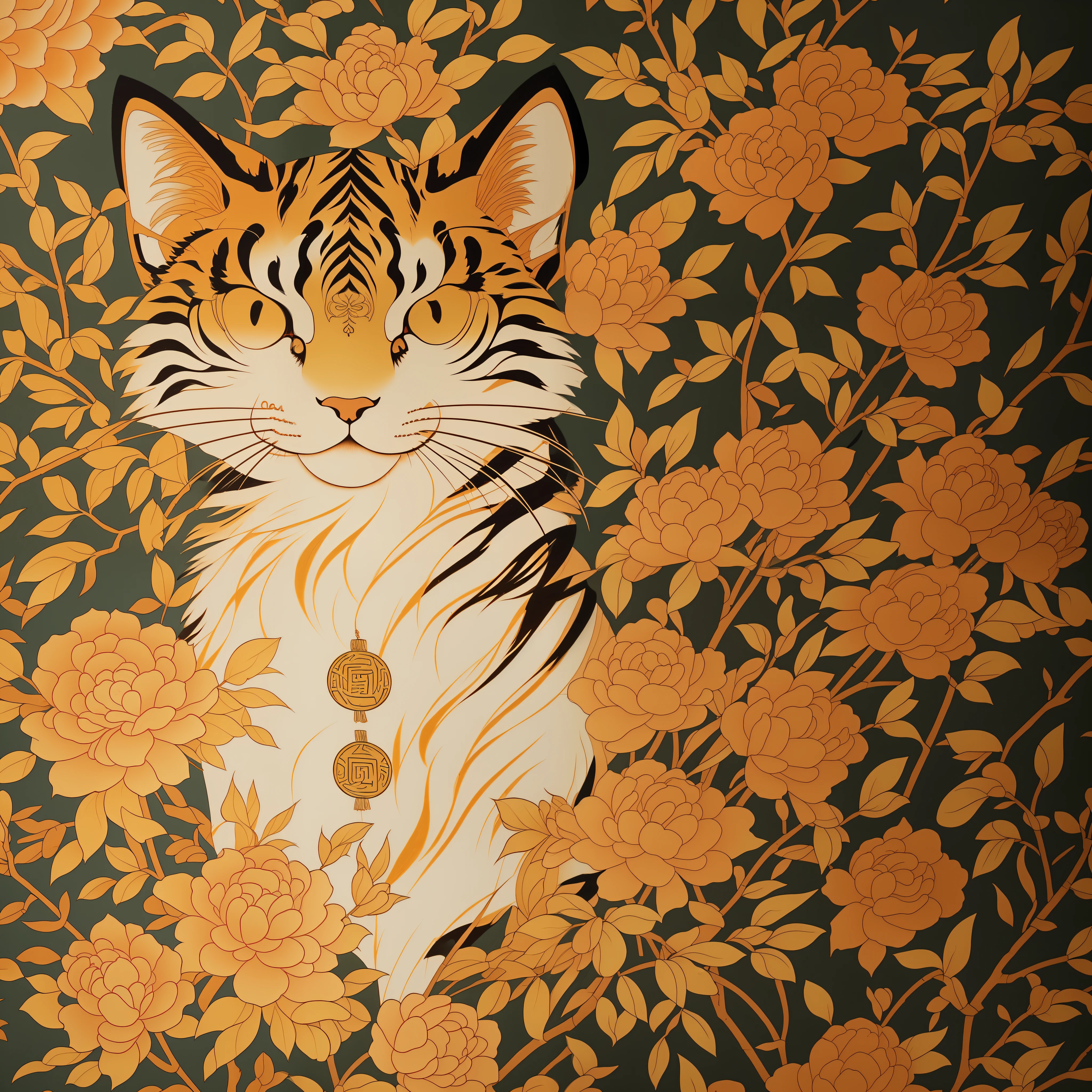 Close-up of an ancient Chinese adult cat, the subject is a cat, mural, fierce expression, Asura in Chinese mythology, ancient Chinese art style, Wen Boren, golden Chinese tiger fantasy, mythical creatures, Chinese bear concept art, ancient Chinese gorgeous, Chinese mythology, ink flowers, inspired by Puhua, an ancient creature, qigong, single close-up, with body, Qing dynasty painting, traditional painting, intricate detail painting, the best quality, masterpiece, very delicate and beautiful