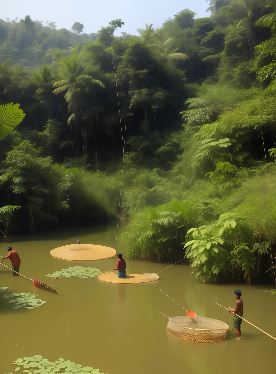 People fishing in the water in the jungle. Fishing net. Fishing net. Swimming. Burmese jungle. Burmese people.
