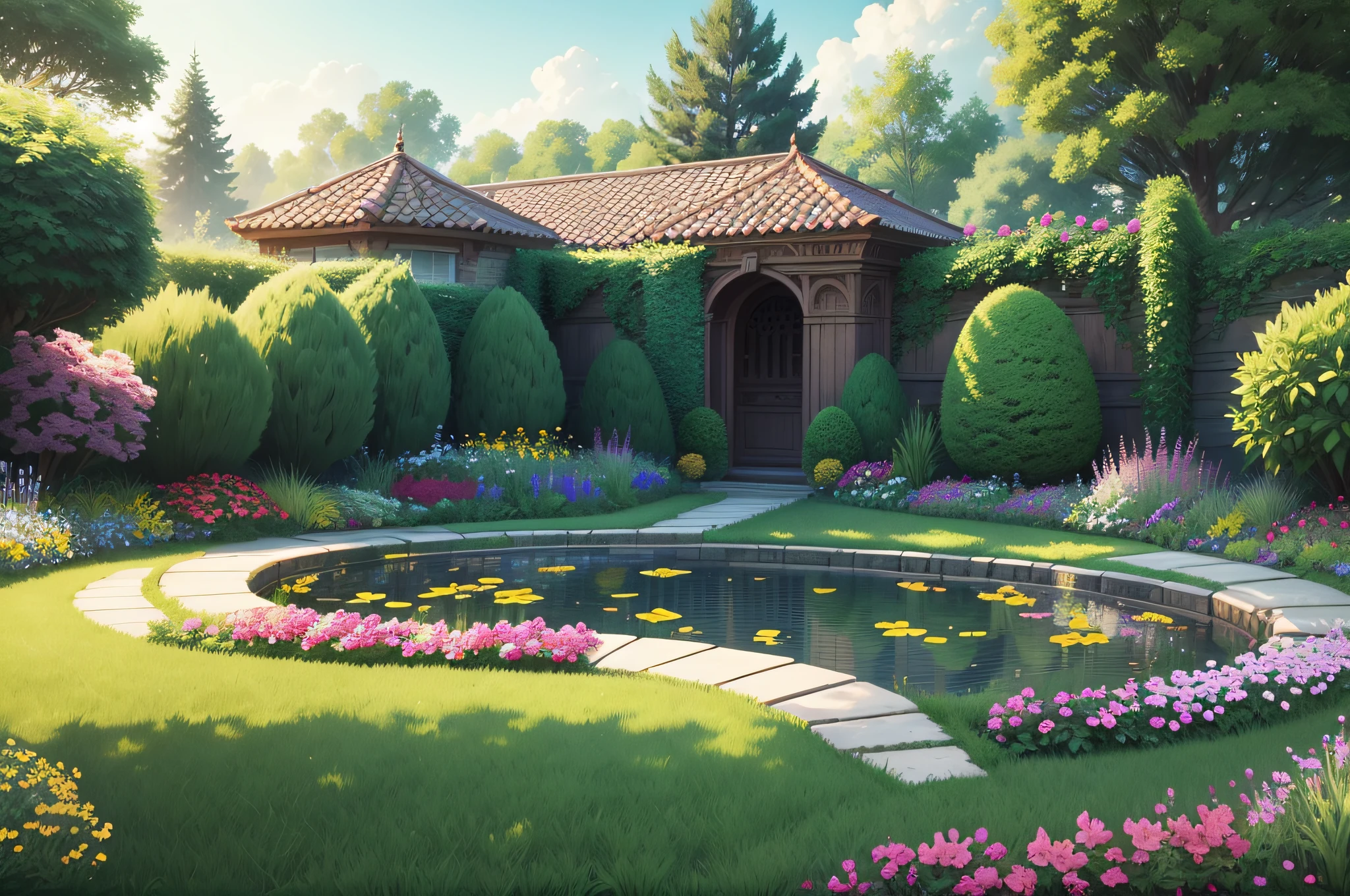 there is a green lawn with a gate and flowers in the middle, lush garden in the background, with a lush grass lawn, lush lawn, garden landscape, beautiful garden on background, garden environment, lush garden surroundings, pastoral backyard setting, parks and gardens, garden with flowers, lush and green, beautiful english garden, garden background, lawn, vibrant greenery outside, beautiful garden --auto --s2