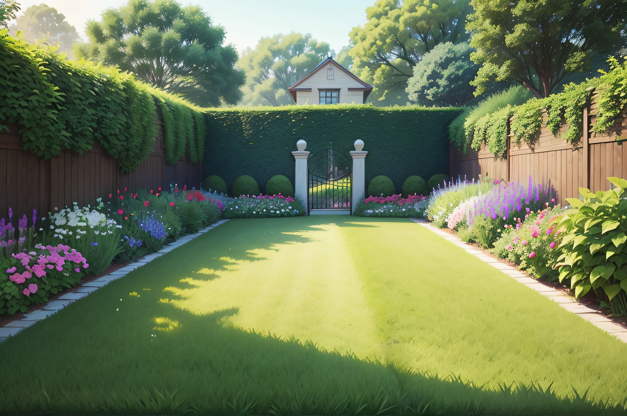 there is a green lawn with a gate and flowers in the middle, lush garden in the background, with a lush grass lawn, lush lawn, garden landscape, beautiful garden on background, garden environment, lush garden surroundings, pastoral backyard setting, parks and gardens, garden with flowers, lush and green, beautiful english garden, garden background, lawn, vibrant greenery outside, beautiful garden --auto --s2