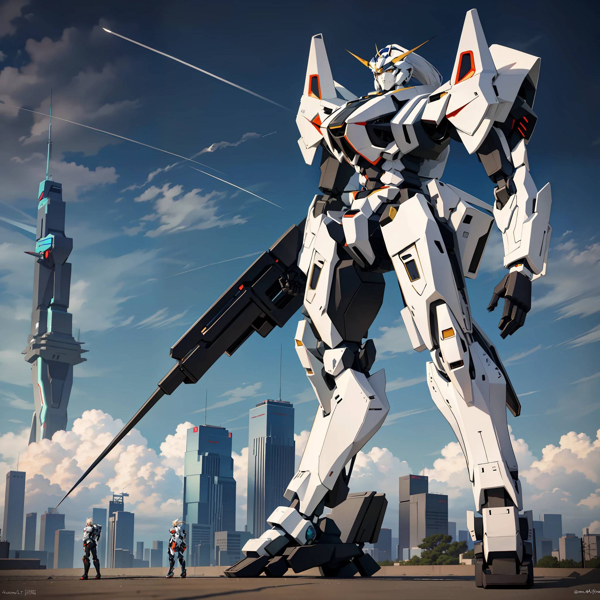anime style picture of a giant robot standing in front of a city, modern mecha anime, an anime large mecha robot, mecha anime, modern sci-fi anime, cool mecha style, white mecha, giant anime mecha, ferra white mecha, alexandre ferra white mecha, mecha asthetic, mecha art, big mecha