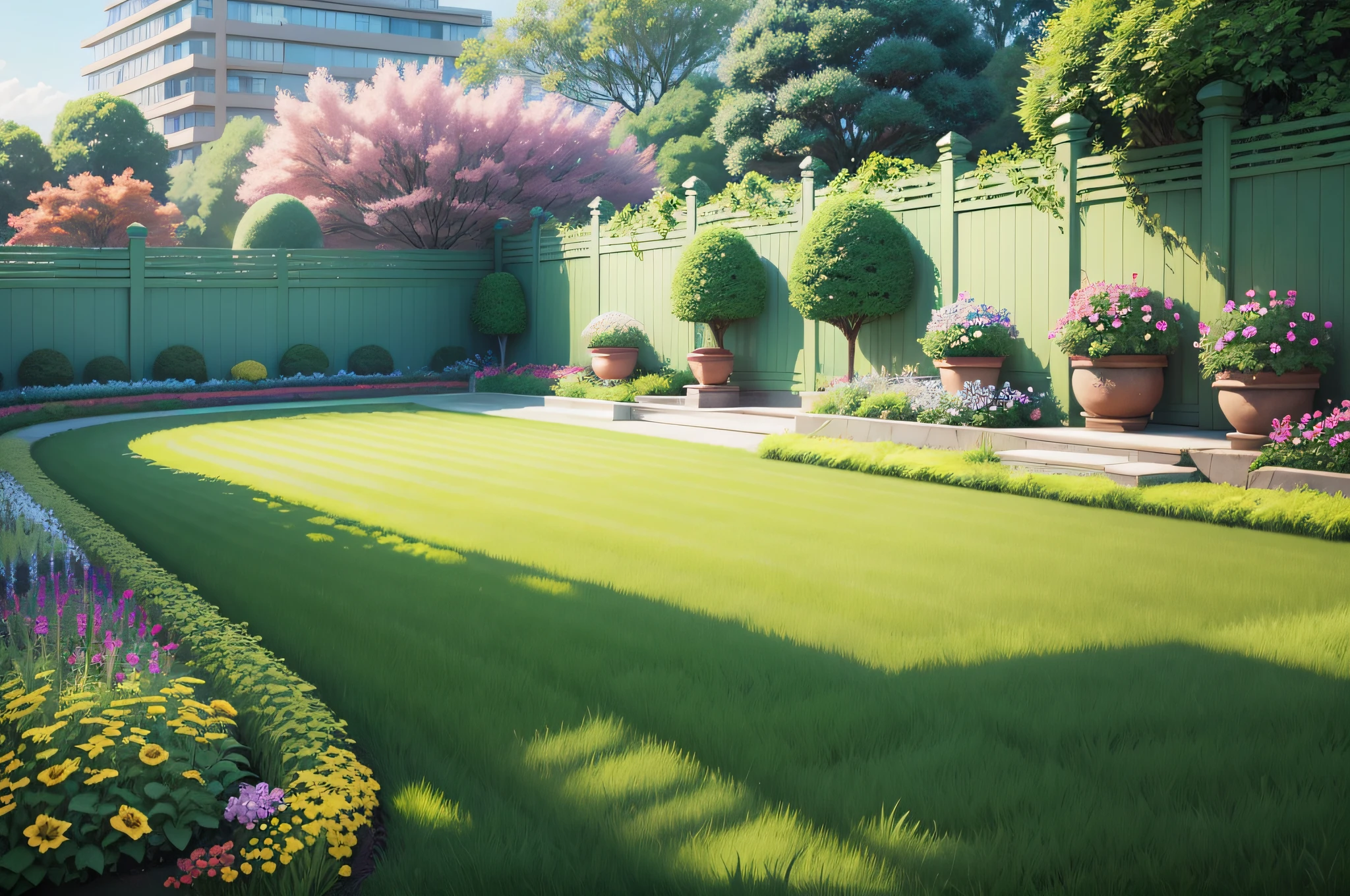 there is a green lawn with a gate and flowers in the middle, lush garden in the background, with a lush grass lawn, lush lawn, garden landscape, beautiful garden on background, garden environment, lush garden surroundings, pastoral backyard setting, parks and gardens, garden with flowers, lush and green, beautiful english garden, garden background, lawn, vibrant greenery outside, beautiful garden --auto --s2