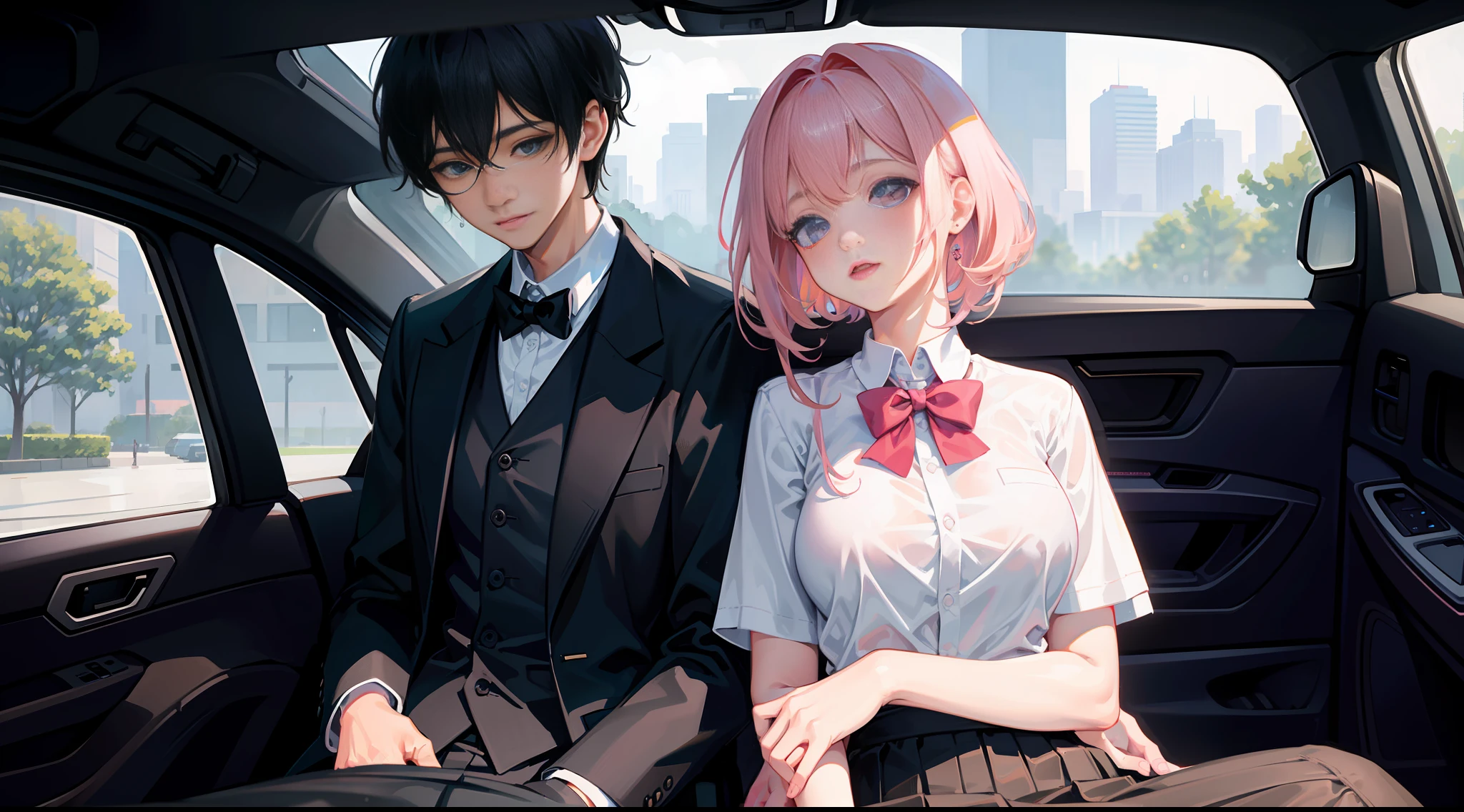 Masterpiece, best quality, super detailed, illustration, beautiful detailed eyes, close up, with a boy and a girl. It is pink hair, white pleated shirt, breast art, skirt. The boy is black hair, black suit, black pants. Boys and girls kissing in car, heavy rain weather