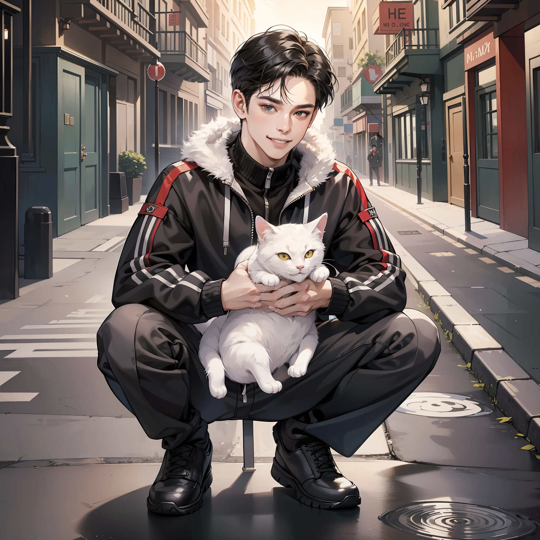 Masterpiece, high quality, best quality, HD, realistic, perfect lighting, detailed face, detailed body, 1 man, short black hair, black tracksuit, (smile expression: 1.5) (face smile: 1.5), holding a white cat in his hand, squatting on the side of the bustling street