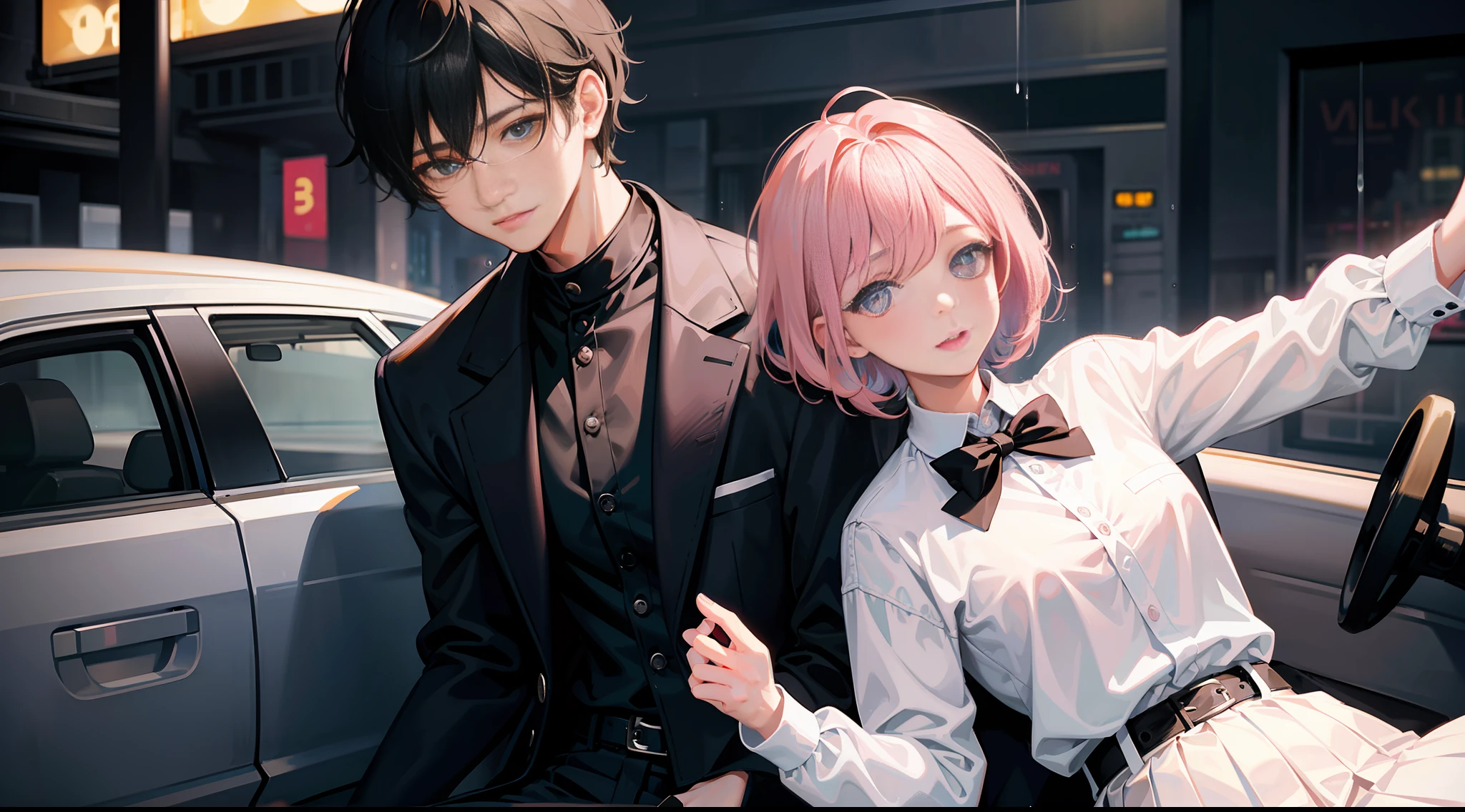 Masterpiece, best quality, super detailed, illustration, beautiful detailed eyes, close up, with a boy and a girl. It was pink hair, white pleated shirt, cracked button on the chest, skirt. The boy is black hair, black suit, black pants. Boys and girls kissing in car, heavy rain weather