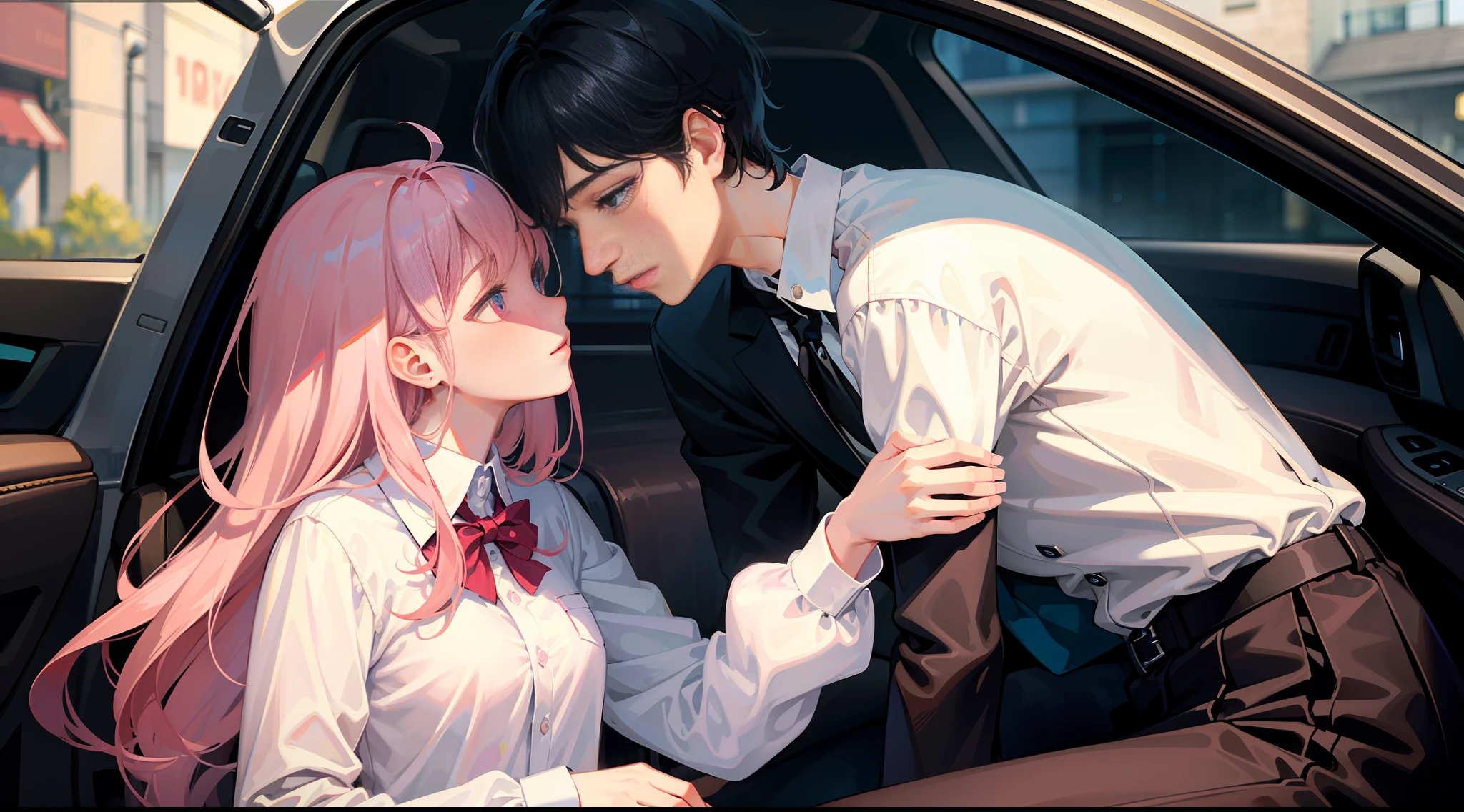 Masterpiece, best quality, super detailed, illustration, beautiful detailed eyes, close up, with a boy and a girl. It was pink hair, white pleated shirt, cracked button on the chest, skirt. The boy is black hair, black suit, black pants. Boys and girls kissing in car, heavy rain weather