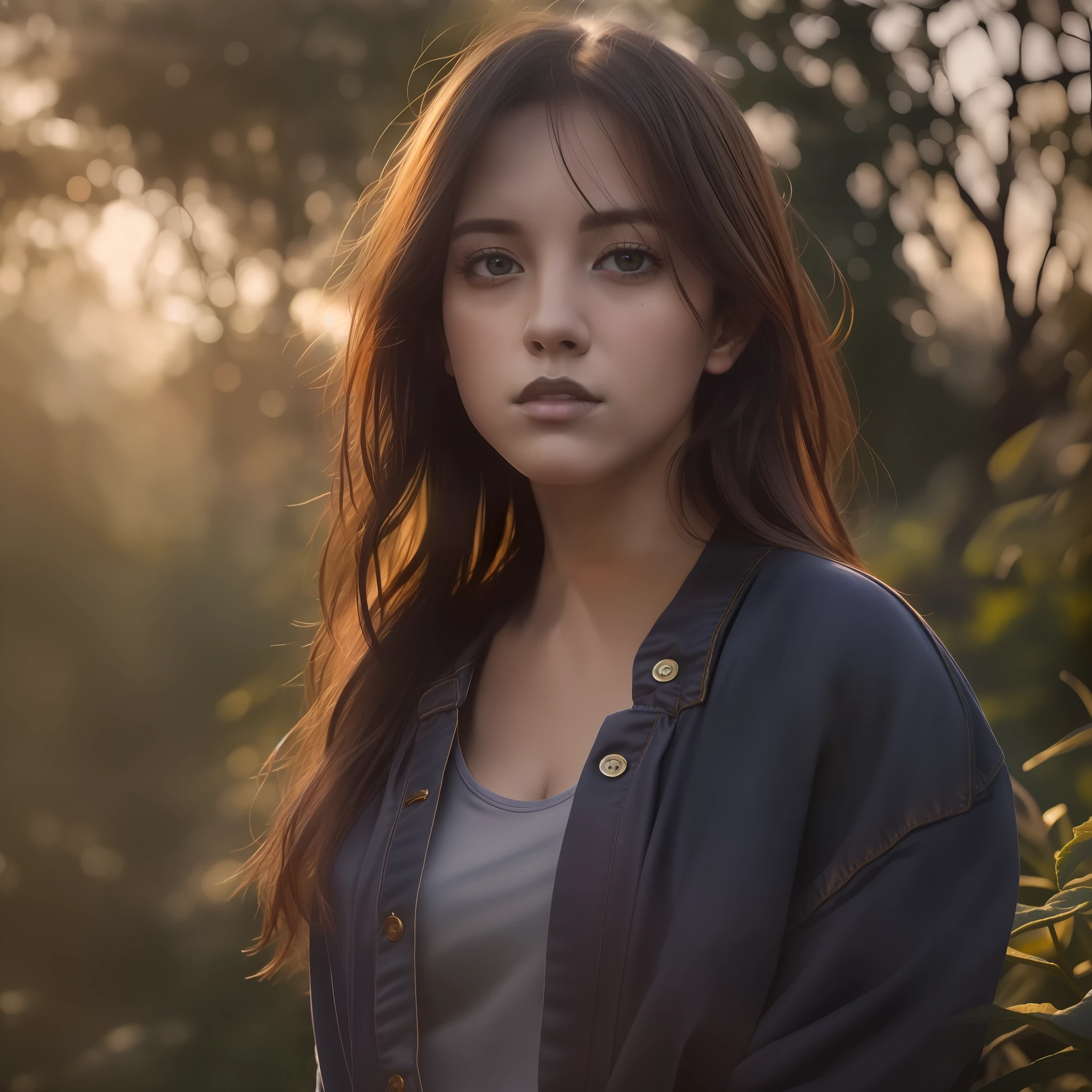 8k, RAW photo, best quality, masterpiece, ultra high res, (photorealistic:1.4), golden hour, dramatic shadows, (moody atmosphere:1.5), (facial shadows, body shadows:1.5), Well-defined contours, in flower garden, 1girl, shirts, jeans,