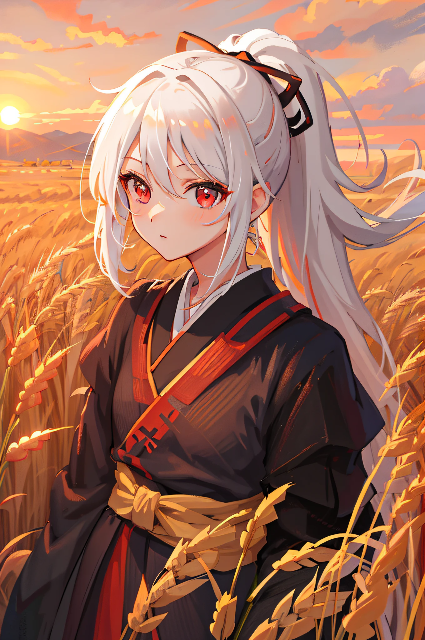 Masterpiece, best quality, 1girl, portrait, white hair, ponytail, red eyes, samurai, wheat landscape, sun, clouds, (neutral color), (HDR: 1.4)
