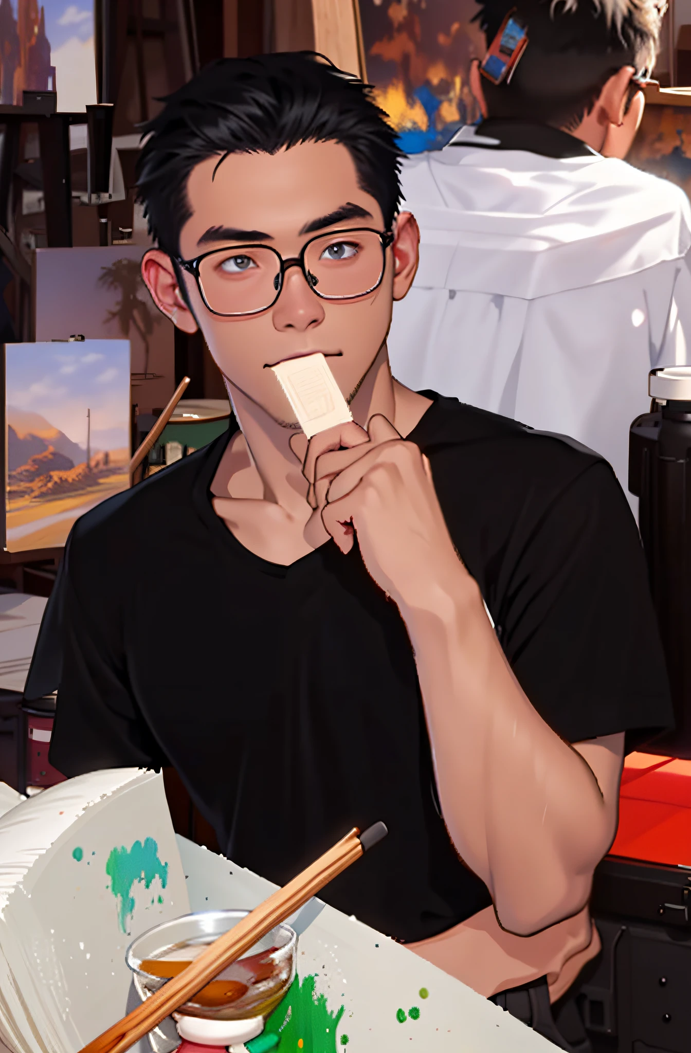 1man, natural stay, a 16-year-old teenager, wearing short-sleeved black shirt, glasses, soft lighting, masterpiece, best quality, 8k ultra HD, DSLR, film grain, Midjourney and greg rutkowski's Fujifilm XT3 realistic painting art