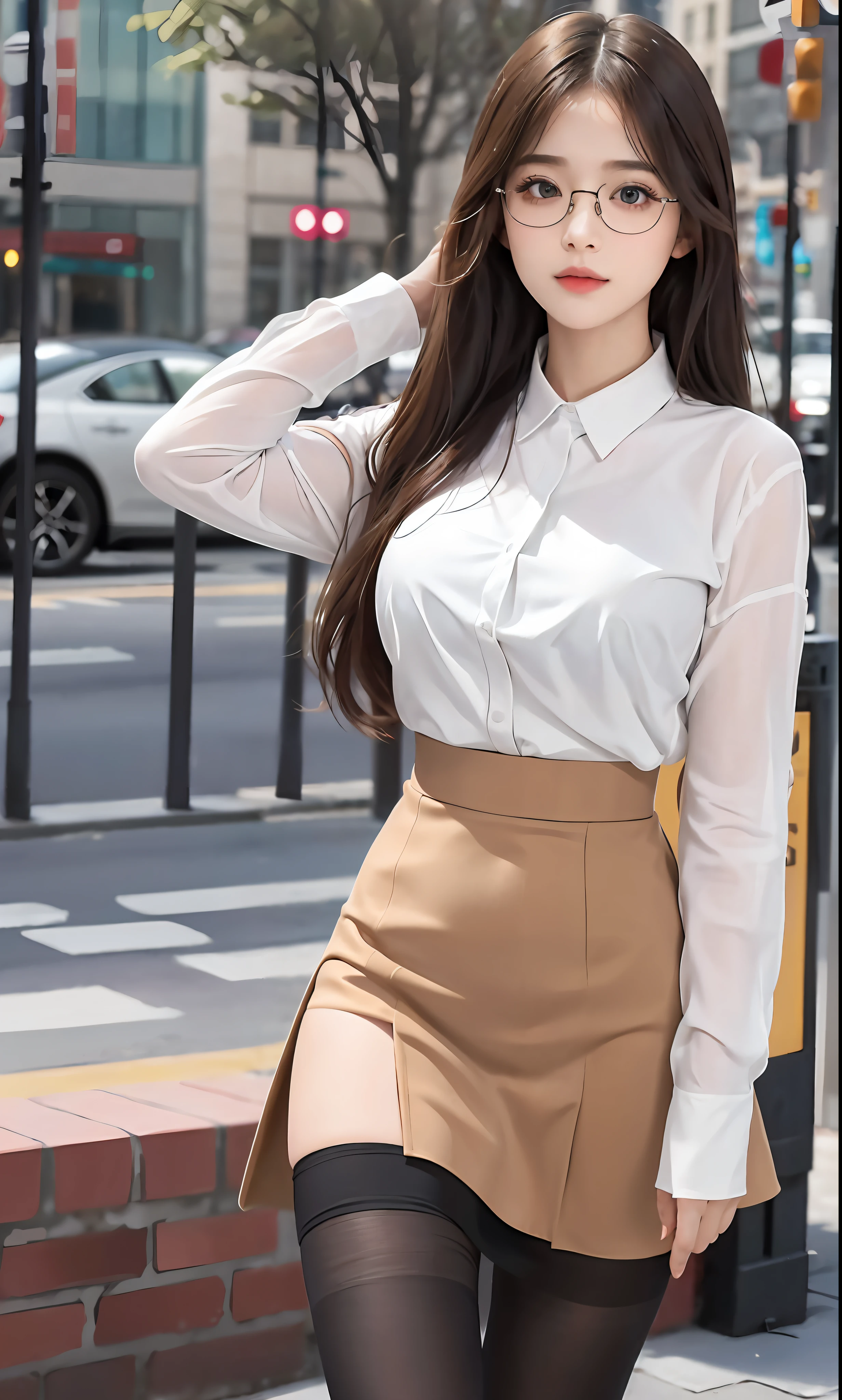 ulzzang-6500-v1.1, (raw photo:1.2), (photorealistic:1.4), beautiful detailed girl, very detailed eyes and face, beautiful detailed eyes, ridiculous, incredibly ridiculous, huge file size, super detailed, high resolution, very detailed, best quality, masterpiece, ((fashion clothing with diverse colors)), illustration, very detailed, CG, unified, 8k wallpaper, amazing, fine detail, masterpiece,best quality, very detailed CG uniform 8k wallpaper, light on face, movie lighting, 1girl, 16 years old, long white hair, side split, (medium breasts), (no panties)), (with glasses), ((dynamic pose))), (sexy pose))), (camel toe), (half), (pantyhose), ((black hip skirt))))