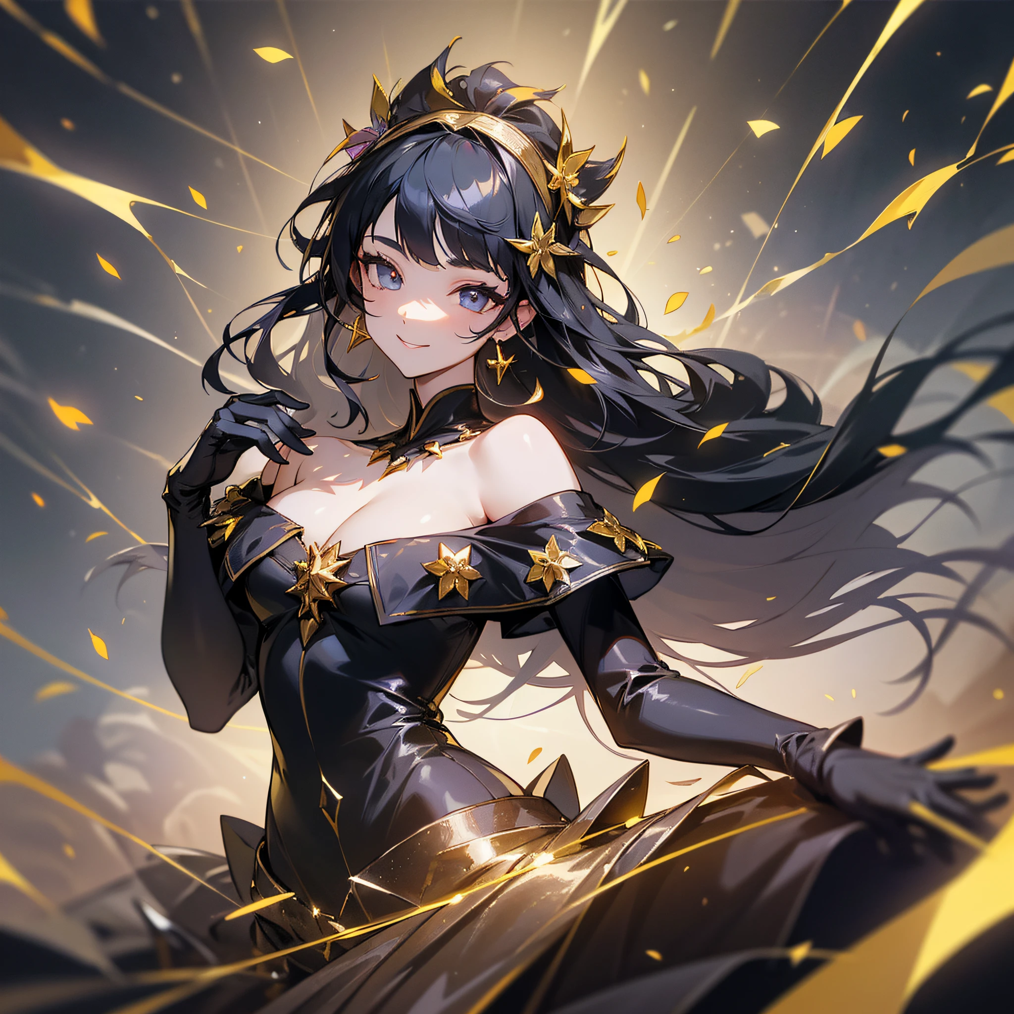 Jolbryer, beautiful woman, (photorealistic), backlit, black background, black dress, black gloves, black hair, smile, cowboy shot, dress, earrings, floating hair, gloves, gold earrings, gold hair band, hair flower, hair ornament, (((hair band)), jewelry, light particles, long hair, look at viewer, off-shoulder dress, off-shoulder, petals, Side Rock, Solo, Spike, Beautiful Dress, Double-sided Fabric, ((Masterpiece)) --auto --s2