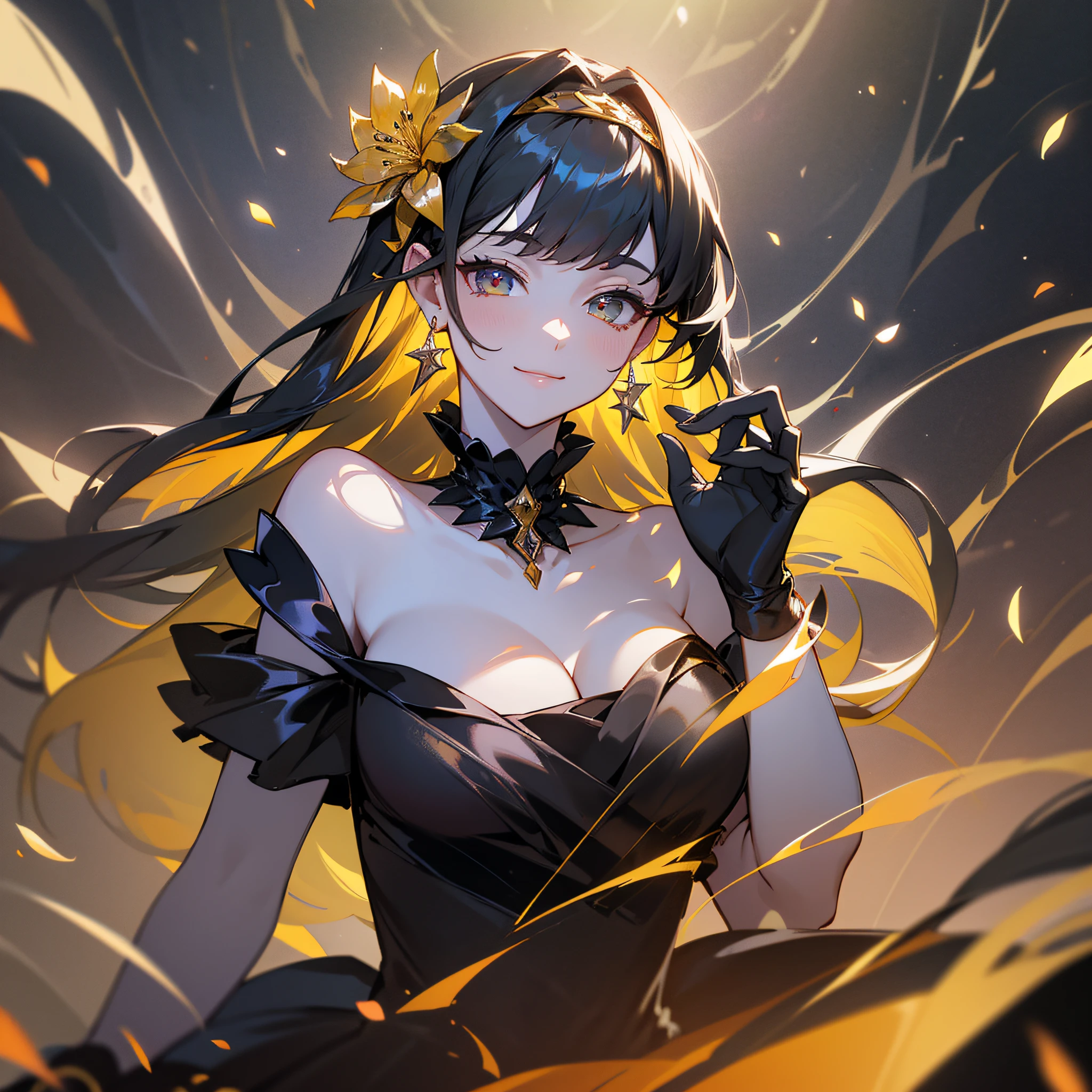 Jolbryer, beautiful woman, (photorealistic), backlit, black background, black dress, black gloves, black hair, smile, cowboy shot, dress, earrings, floating hair, gloves, gold earrings, gold hair band, hair flower, hair ornament, (((hair band)), jewelry, light particles, long hair, look at viewer, off-shoulder dress, off-shoulder, petals, Side Rock, Solo, Spike, Beautiful Dress, Double-sided Fabric, ((Masterpiece)) --auto --s2