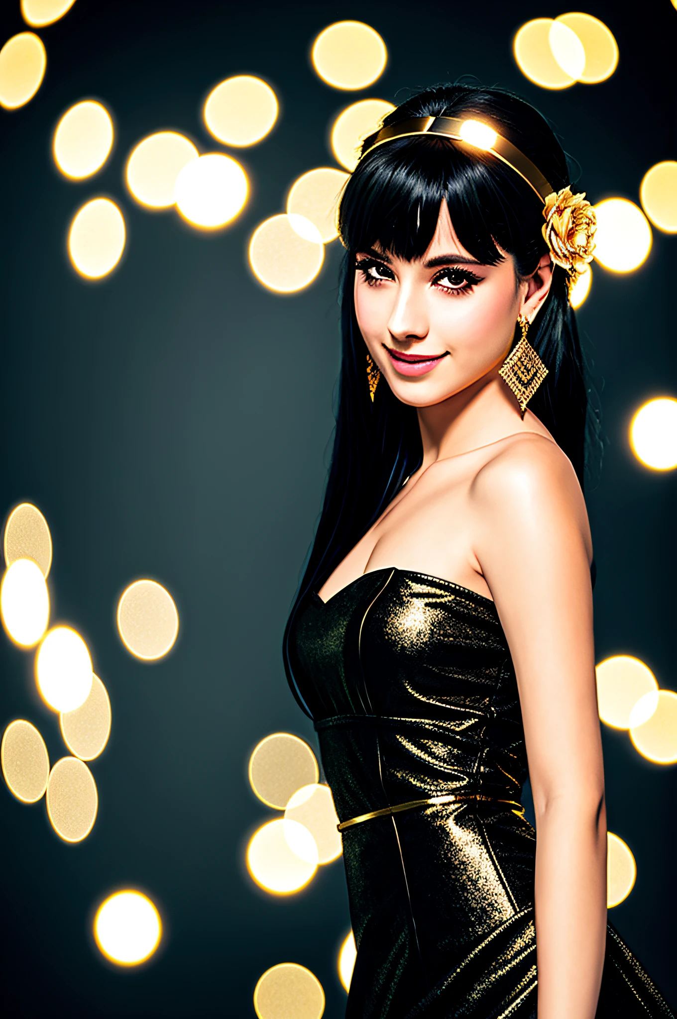 Jorbrier, (photorealistic), beautiful girl, backlit, black background, black dress, black gloves, black hair, smile, cowboy shot, dress, earrings, floating hair, gloves, gold earrings, gold hair band, hair flower, hair ornament, ((hair band)), jewelry, light particles, long hair, look at viewer, off-the-shoulder dress, off-shoulder, petals, Side Rock, Solo, Spike, Beautiful Dress, Double-sided Fabric, ((Masterpiece))