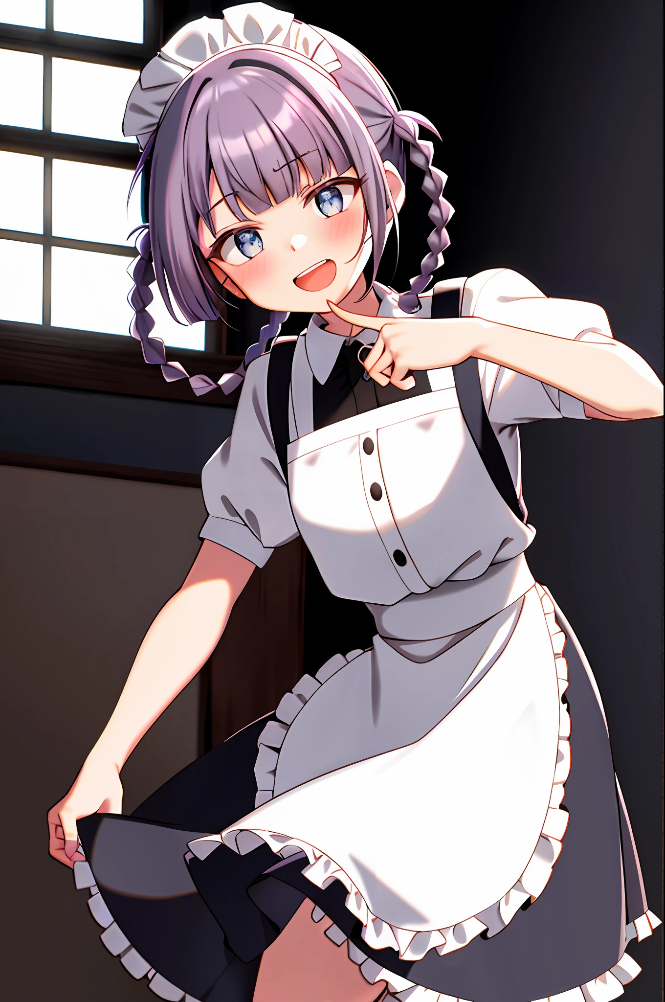 nanakusa nazuna, 1girl, :d, apron, fringe, black skirt, blue eyes, blunt bangs, braid, indoors, head tilt, heart, light blush, looking at the viewer, maid, maid's apron, maid's headdress, closed mouth, purple hair, shirt, short hair, side braids, unique braids, skirt, solo, tusk upper teeth only, white shirt, expression would be