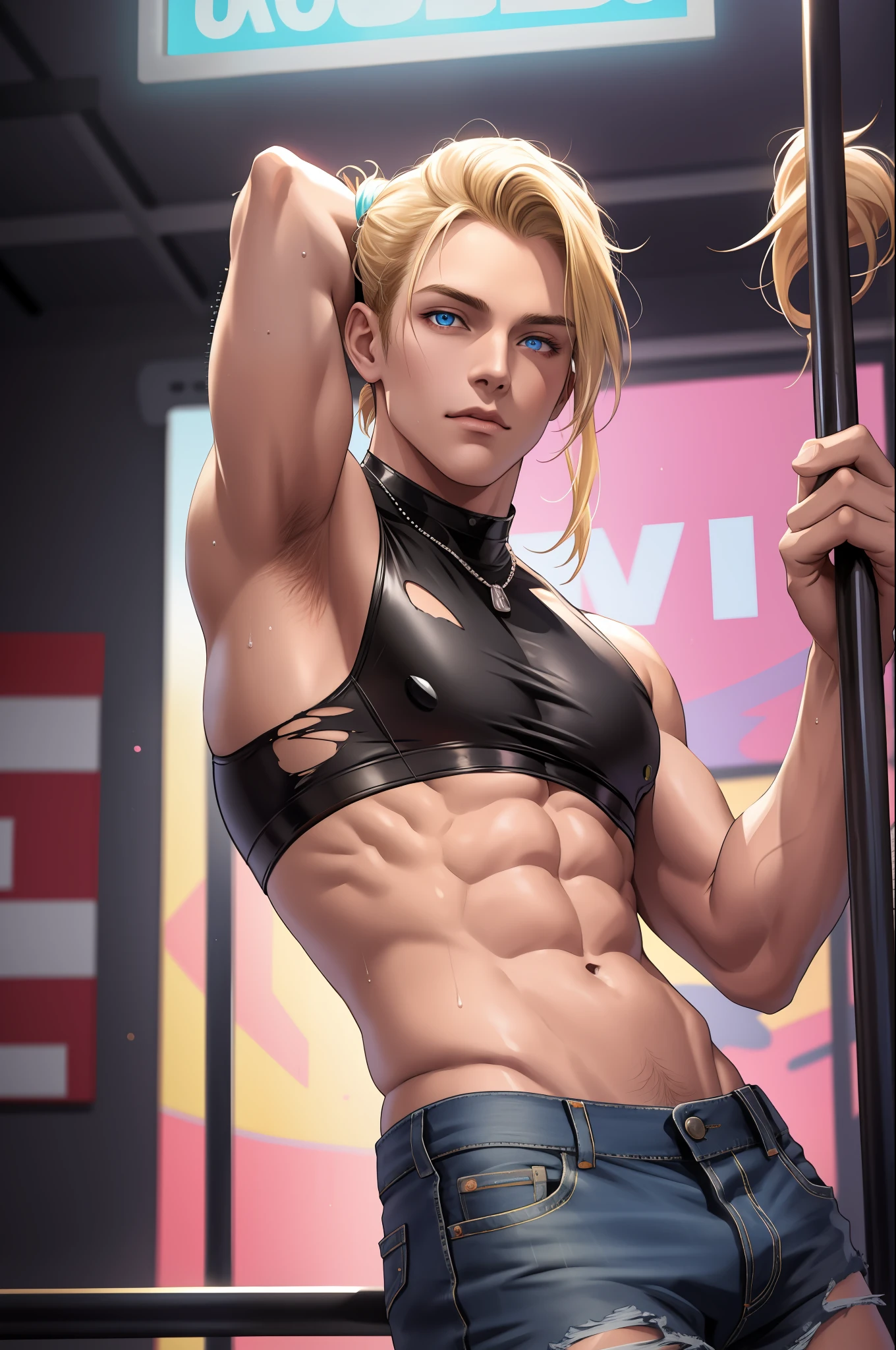 (masterpiece, absurdres, highres, ultra detailed), 1boy, solo, wavy blonde hair, adult, blue eyes, ponytail, male focus,handsome face, dancing on the pole, nightclub, crop top, denim shorts, pole dancing, pole, striptease, go go show, torn, transparent, provocative pose, neon lights, wet skin, hot, clean shaved