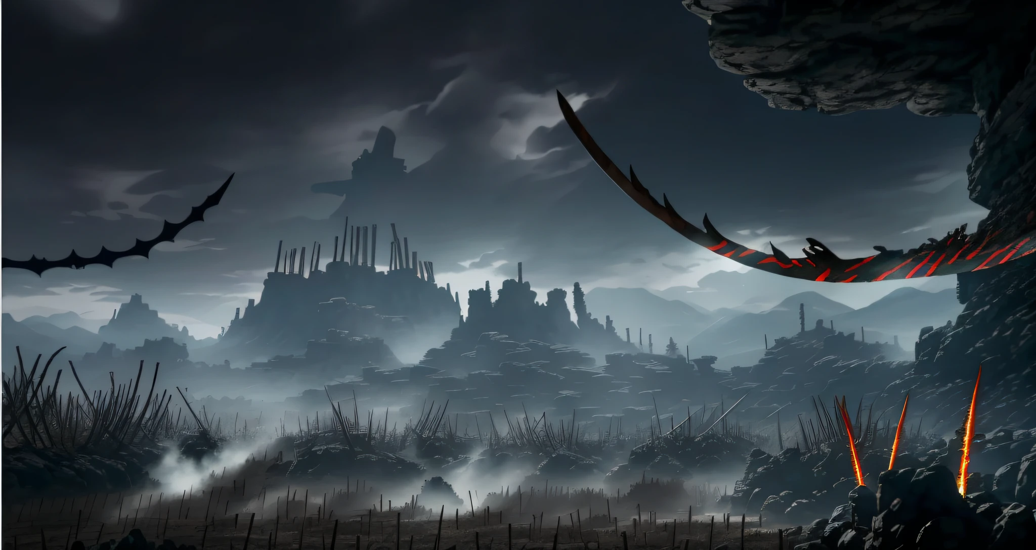 arafed scene of a desert with a lot of sticks and a lot of skulls, swords stuck in the ground, unlimited blade works, claymore anime background, a sword stuck in the ground, bloodbath battlefield background, screenshot from black clover, multiple floating swords, screenshot from a 2012s anime, hell background, invading army background