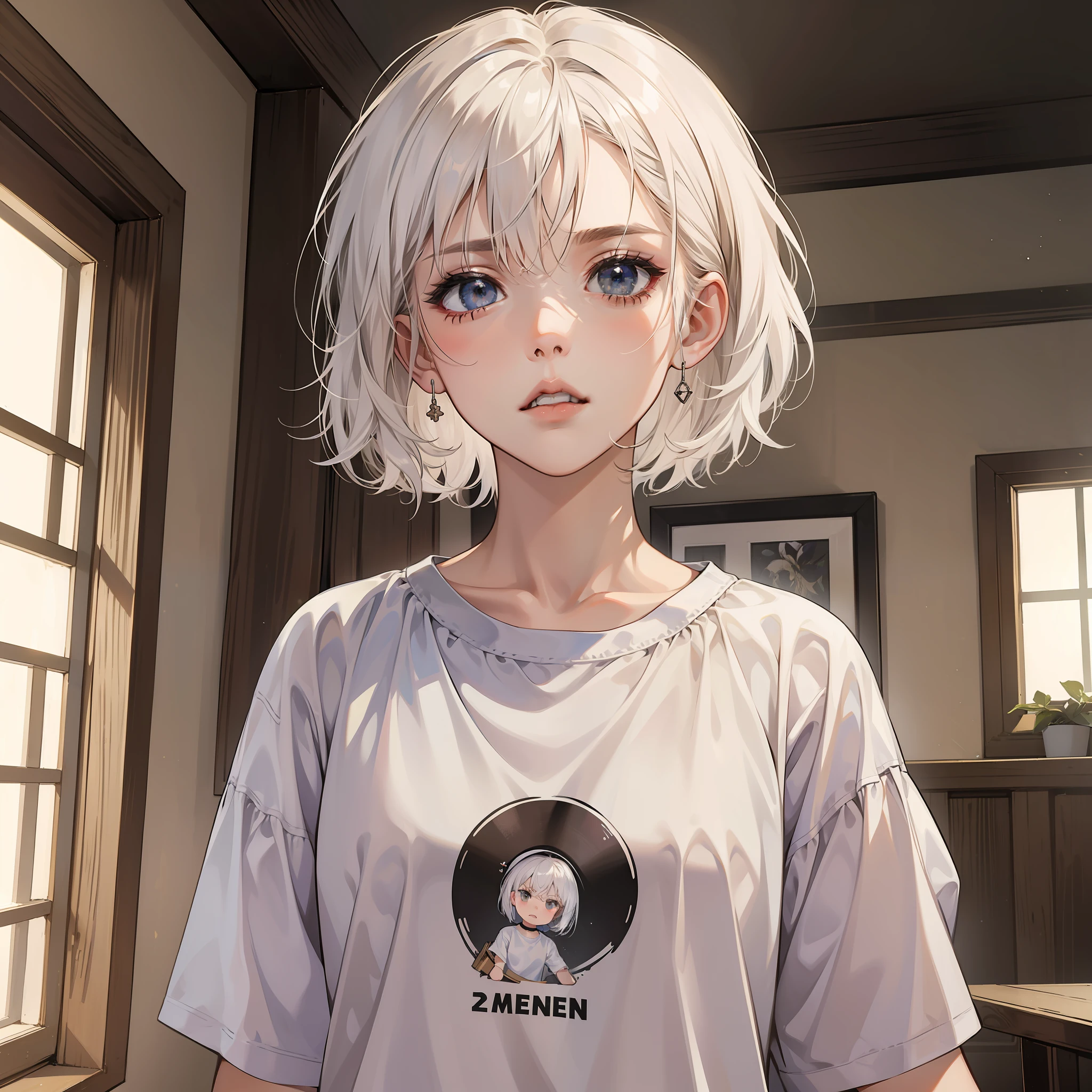 ((masterpiece)), (best quality), (detailed), (1girl), short white hair, angry, black eyes, white t-shirt, in the room,