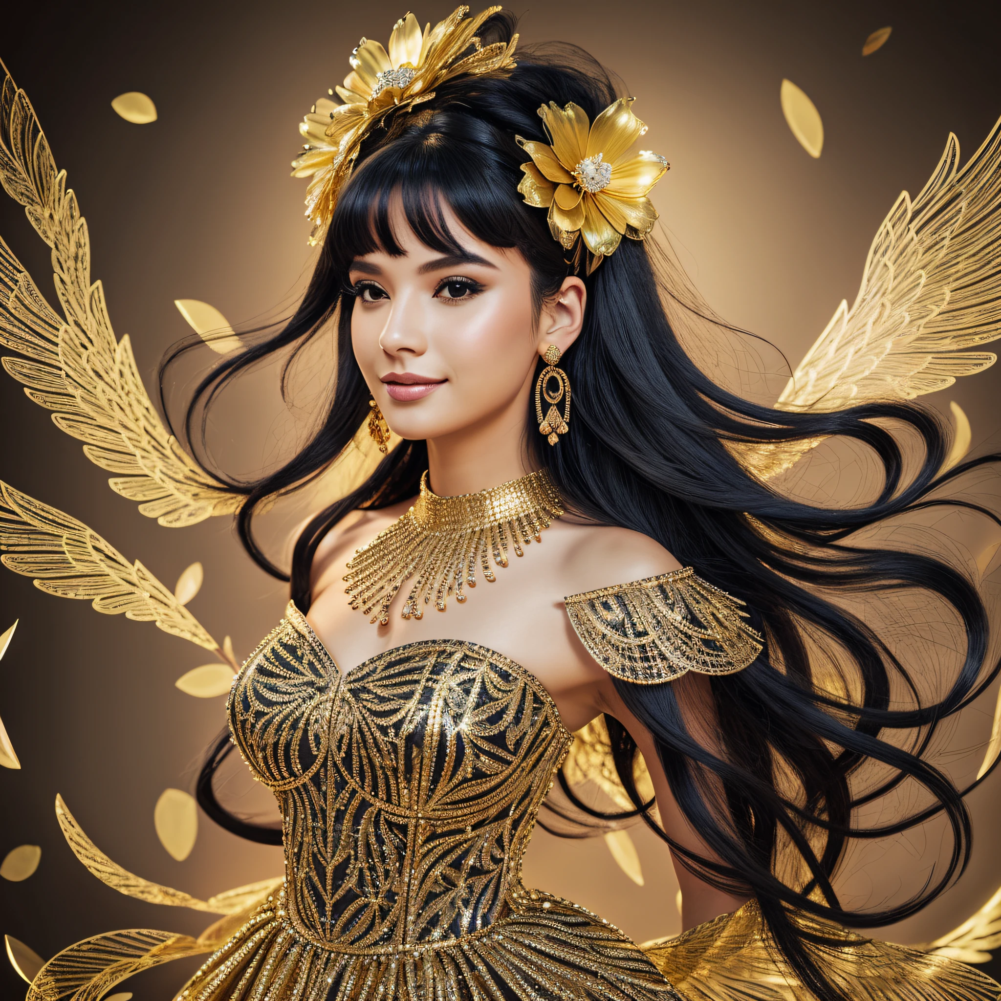 jorbria, angel wings, beautiful woman, (photorealistic), backlit, black background, black dress, black gloves, black hair, smile, cowboy shot, dress, earrings, floating hair, gloves, gold earrings, gold hair band, hair flower, hair ornament, ((hair band)), jewelry, light particles, long hair, look viewer, off-the-shoulder dress, off-shoulder, Petals, Side Rock, Solo, Spike, Beautiful Dress, Double-sided Fabric, ((Masterpiece)) --auto --s2