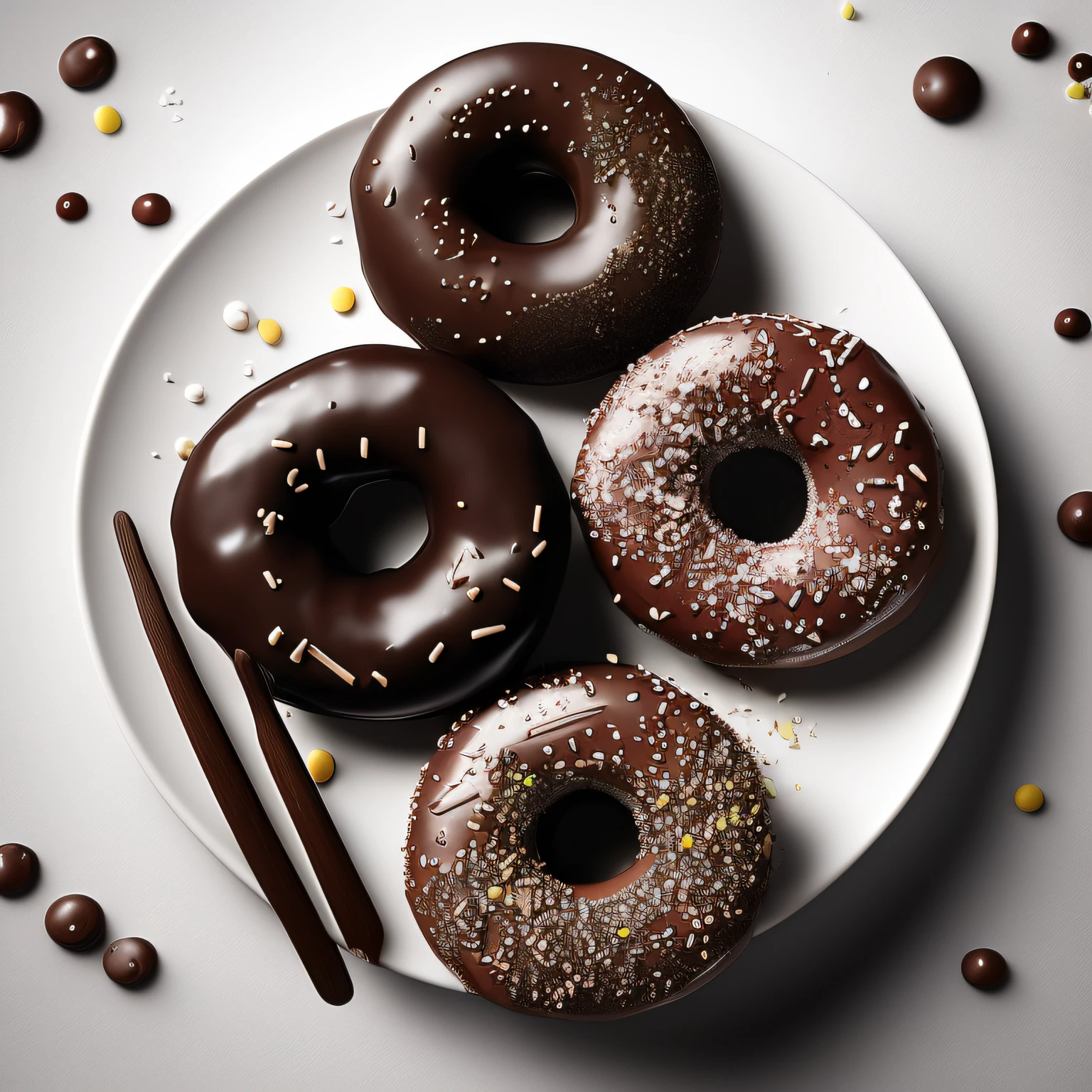 Realistic detailed chocolate sprinkled donuts on a white plate::2 food photography, photorealistic, ultra realistic, maximum detail, recipes.com, epicurious, instagram :: 8k, volumetric light, cinematic, octane render