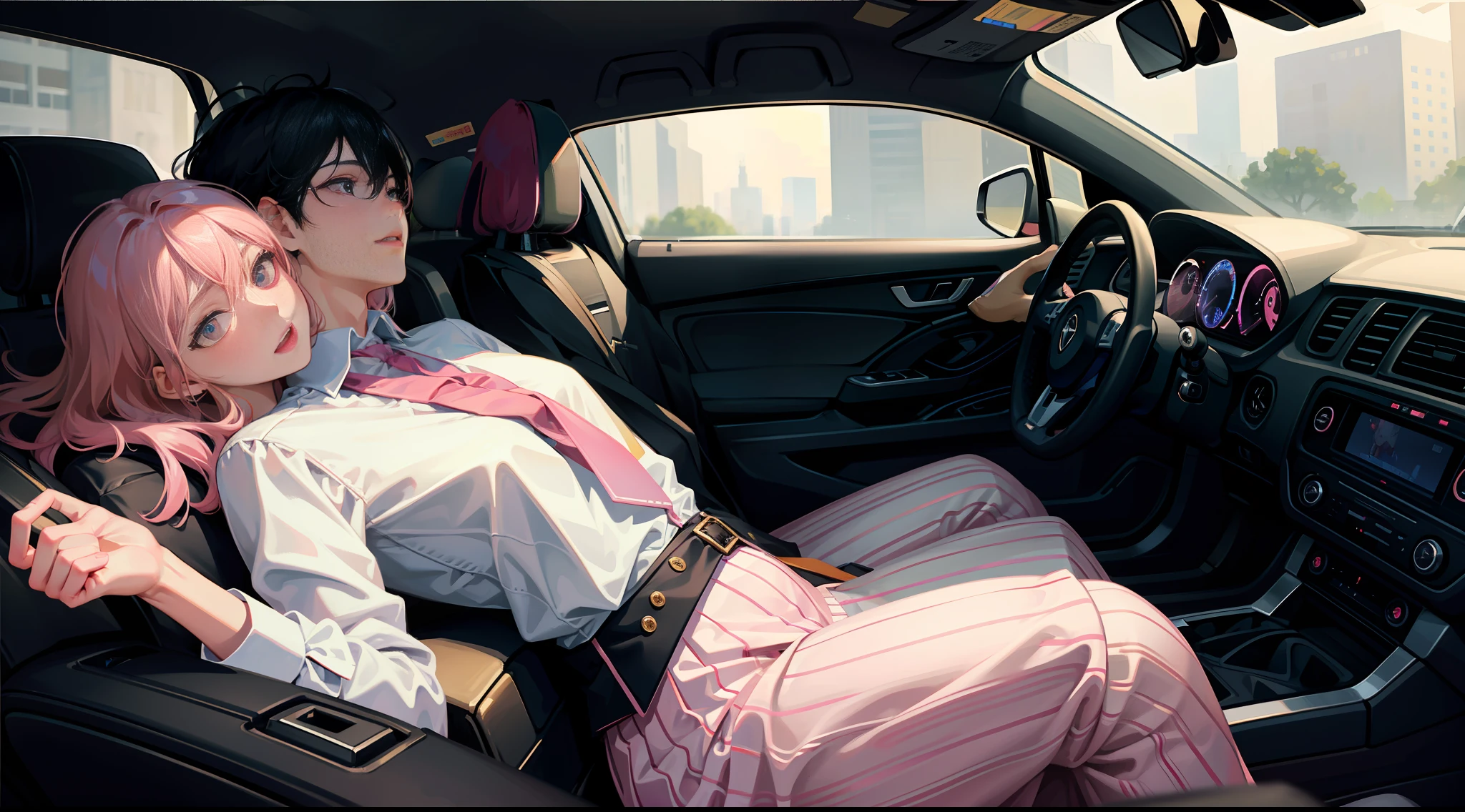 Masterpiece, best quality, super detailed, illustration, beautiful detailed eyes, close up, with a boy and a girl. It was pink hair, white pleated shirt, cracked button on the chest, skirt. The boy is black hair, black suit, black pants. Boys and girls kissing in car, heavy rain weather