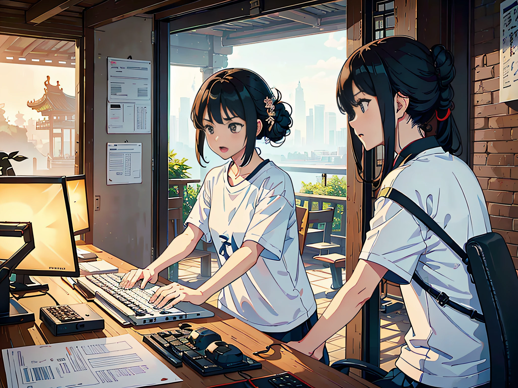 Many students look at the computer screen, these people wear white T-shirts, computer desks, keyboards, mice, looking at the computer screen, open their mouths, hands clenched into fists, facial expressions are more angry, these people look at the camera, the lens is mainly characterized by the upper body, in the Loepfe art style ((Xinhaicheng), popular in CGStation, Xinhaicheng H 2160, inspired by Bian Shoumin, Xinhaicheng, Kavathy, Guwitz's style, high-quality pictures, 4K, 8K, resolution,
