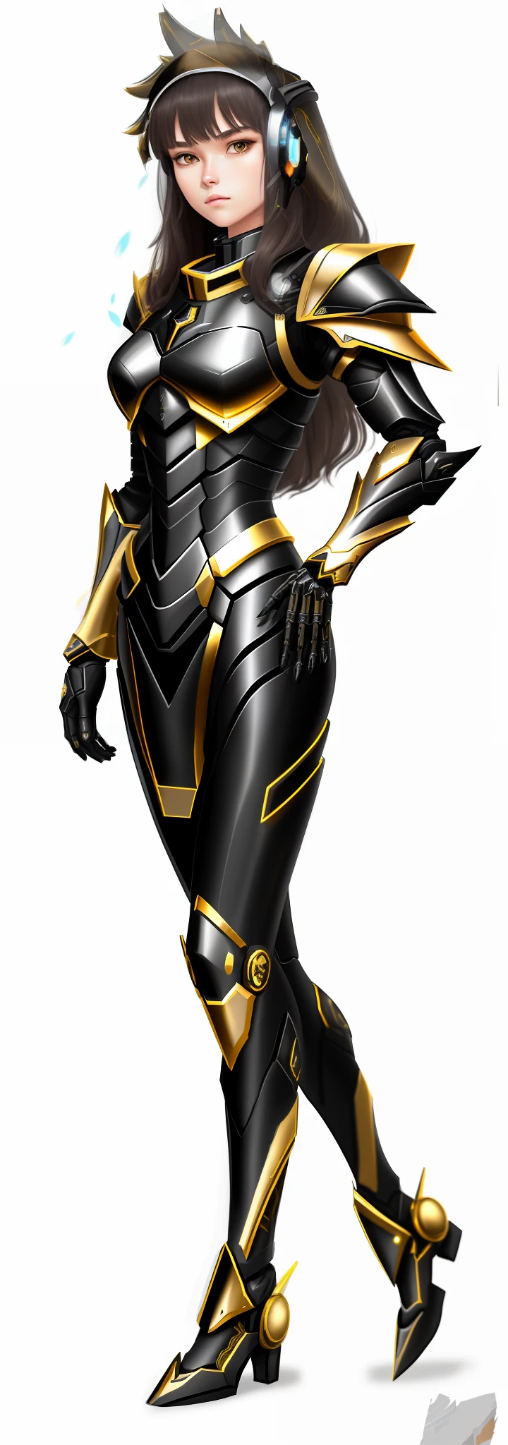 a close up of a woman in a futuristic suit, black and golden armor, sleek gold armor, black and gold armor, gold sci - fi armour, heavy gold obsidian armor, gold obsidian armor, black armor with yellow accents, girl in mecha cyber armor, gold armour suit, diverse cybersuits, golden full body armor, body golden armor, wearing heavy armor gold obsidian dress. Heavy plate sci-fi cyberspace paladin dress gold obsidian