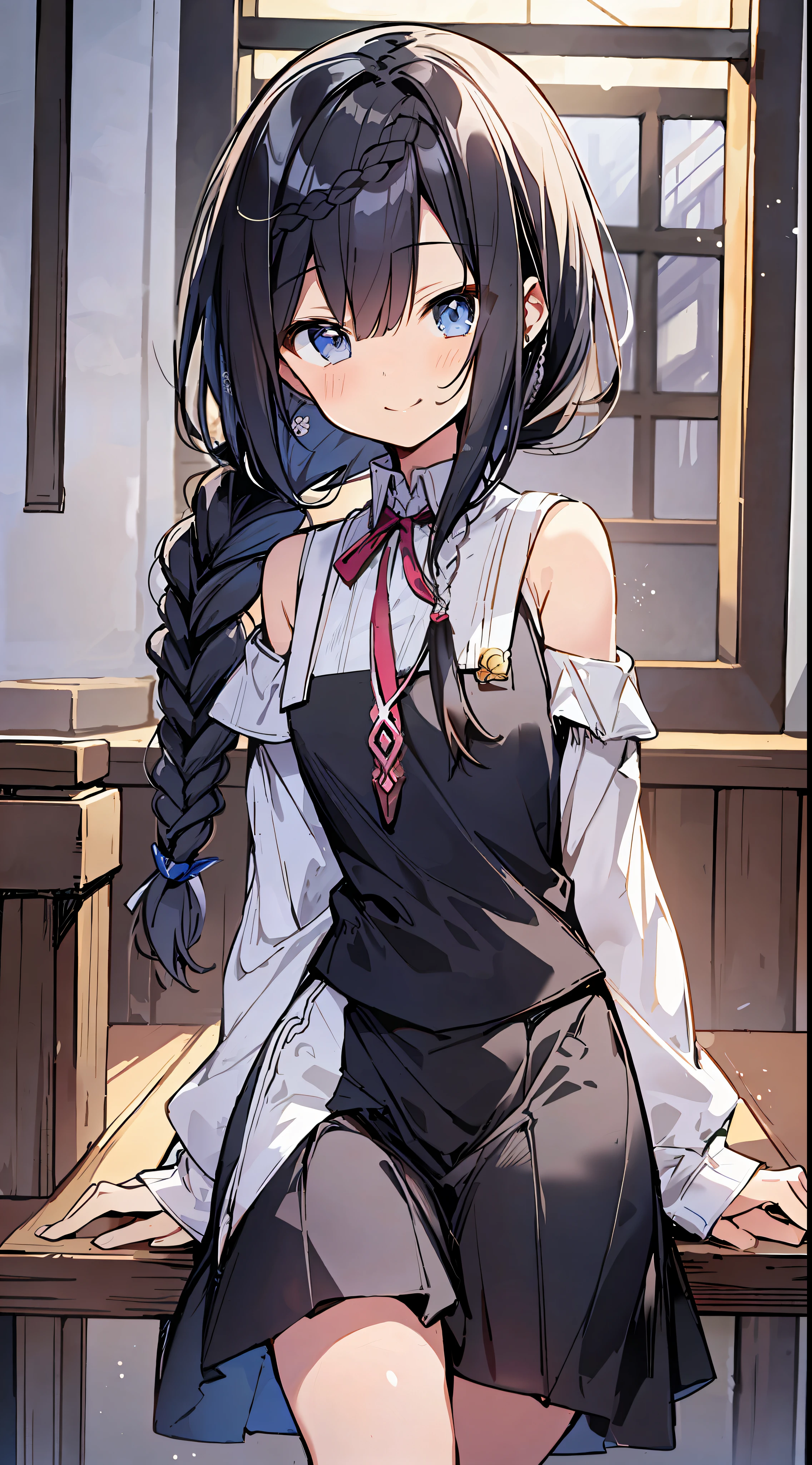 Top Quality, Best Masterpiece, Ultra High Definition, 8k, White Sweater Vest, Anime Style Little Loli, Single, Ultra Detailed Line Art, Digital Enhancement, Anime Core, Flowing Fabric, Close Up, ((Hair length to shoulder mouth and short braid)), staring at us from the front, Soft drawing, Beautiful black hair, ((Little girl in anime style)), crisp eyes, smiling smile, Ultra-detailed digital anime art, clear face depictions, ultra-detailed anime character art, ultra-detailed manga style, top quality colors, hand gestures, foot-up angles, indoor