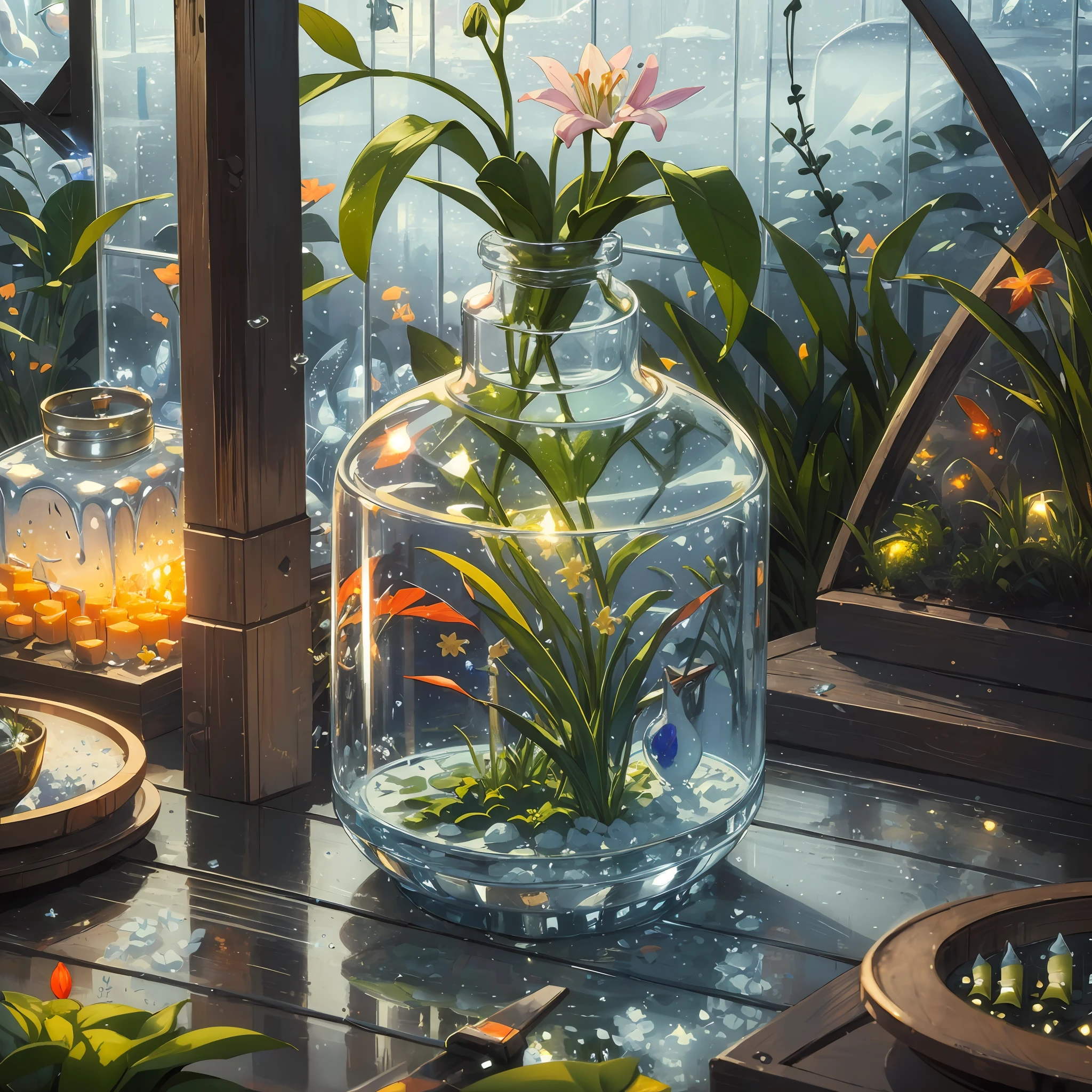 Computer, Extensive landscape ultrasound photography (general view showing glass glass, glass bottle, inside, lily), bottle, lily (detailed description of the bottle, lily), glass, (detailed description), inside the glass dew (ultradetailed), white, blue lily (detailed), fog (detailed), bottle, reflection of dawn (1:3), fireflies (1:3), (ultradetailed description of appearance), bottle, lily, candle, lantern, (crystals: 1,2), BREAK production art, (cold light source:1.2), (Firefly:1.2),green, orange, yellow, fire particles, colors, intricate details, volumetric lighting, realistic fantasy BREAK (masterpiece:1.2), (best quality), 4k, ultra detailed, (dynamic composition: 1.4), high detailed, colorful details, (gloomy colors: 1.2), (luminous lighting, atmospheric lighting), warm, light, magical,