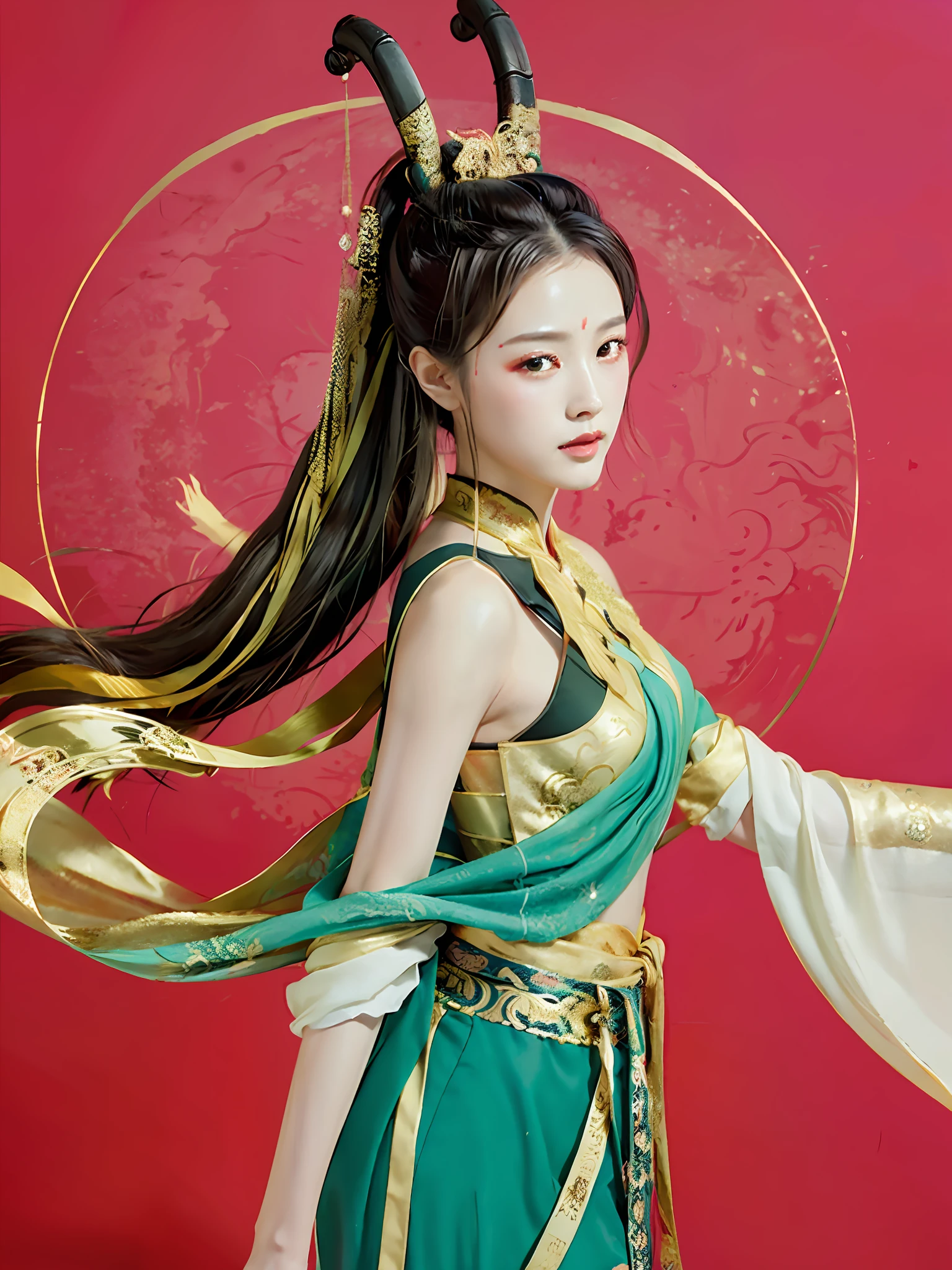 masterpiece, traditional chinese ink painting, 1 girl, long hair, look at viewer, tease, Spirit, loong, dunhuang_style, dunhuang_cloths, UHD Dragon horn, A dragon is flying, 4k, best quality, super detail, award winning, high quality, best quality, high details