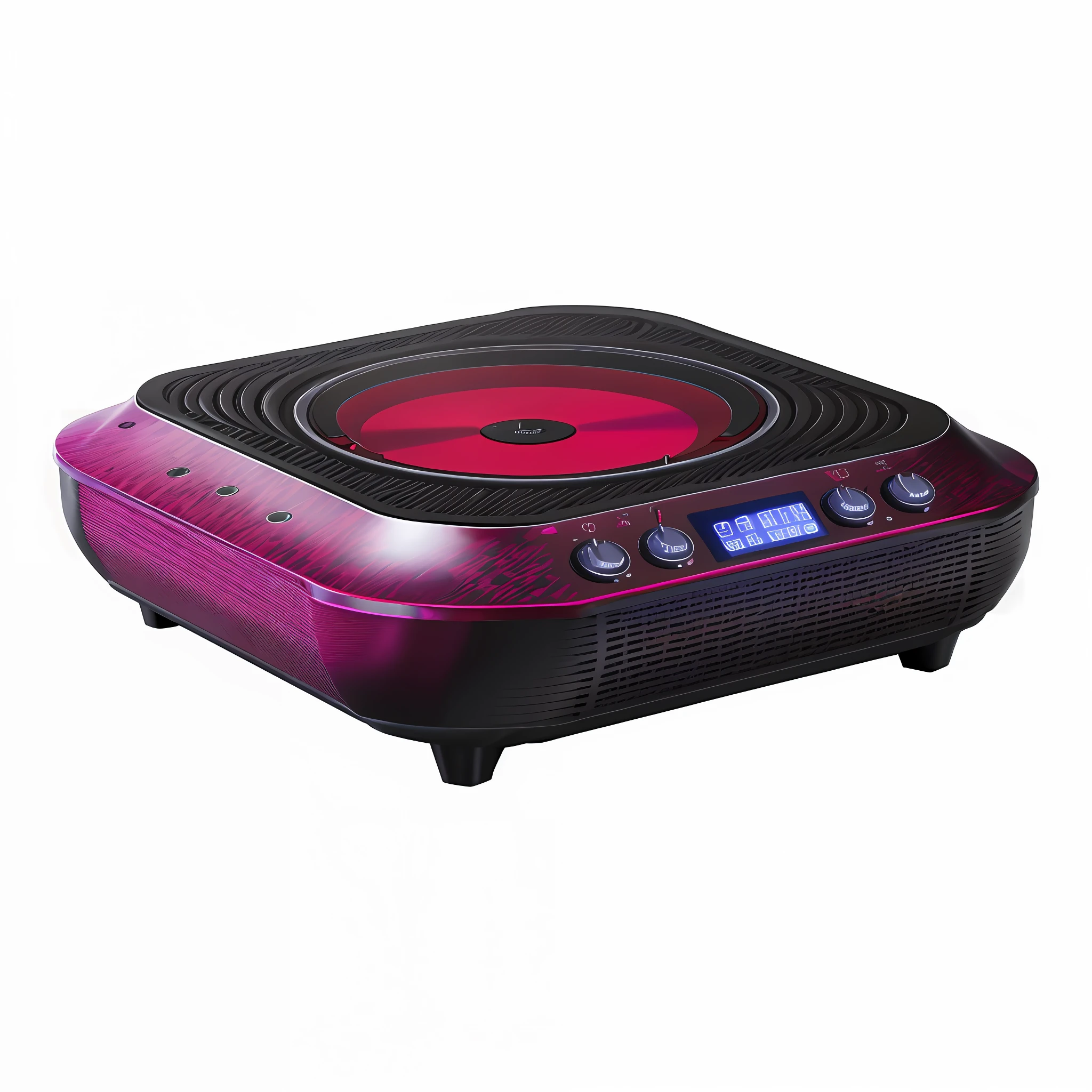 Close-up of red electric stove, pot, VTM, technology, high tech, product image, rhythm, premium, amazing high tech, vibrant environment, vibrant and dynamic, warm, decorative, ultra hd, full body, master, high-end, timeless masterpiece, very dynamic, Rodney Joseph Bourne, full body, full body