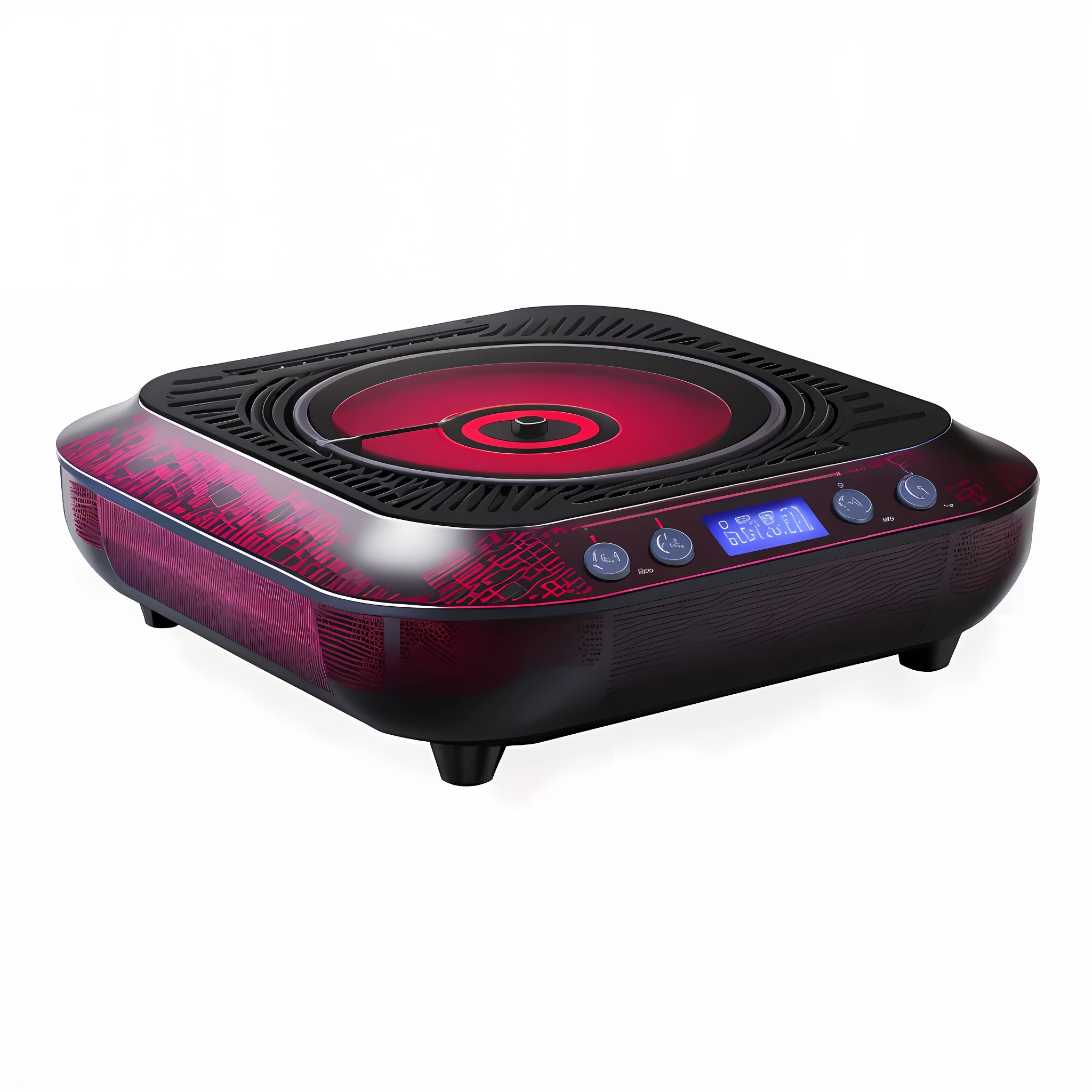 Close-up of red electric stove, pot, VTM, technology, high tech, product image, rhythm, premium, amazing high tech, vibrant environment, vibrant and dynamic, warm, decorative, ultra hd, full body, master, high-end, timeless masterpiece, very dynamic, Rodney Joseph Bourne, full body, full body
