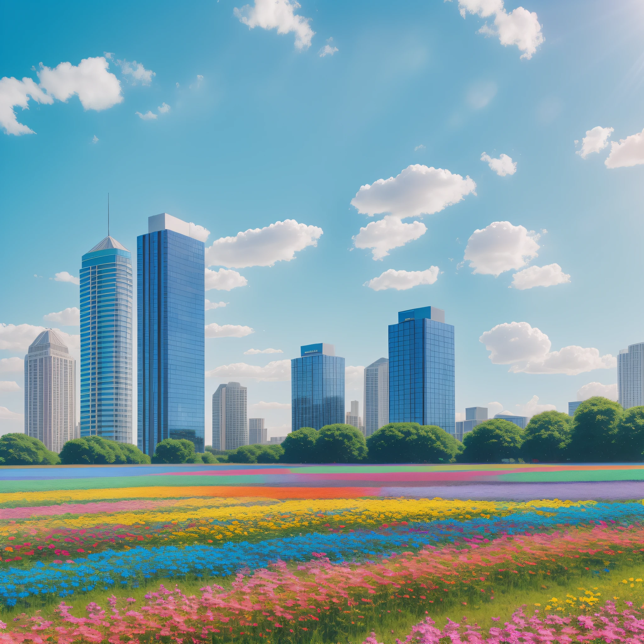 vibrant blue tinted colors, skyscraper, highly saturated colors, Fujifilm Fujichrome Provia 100F film, flower field, purity and dreamy symbolism, (muted colors:1.2), (photon mapping), octane render + hyper realistic, storage, (8k), hdr, sunny, --auto --s2