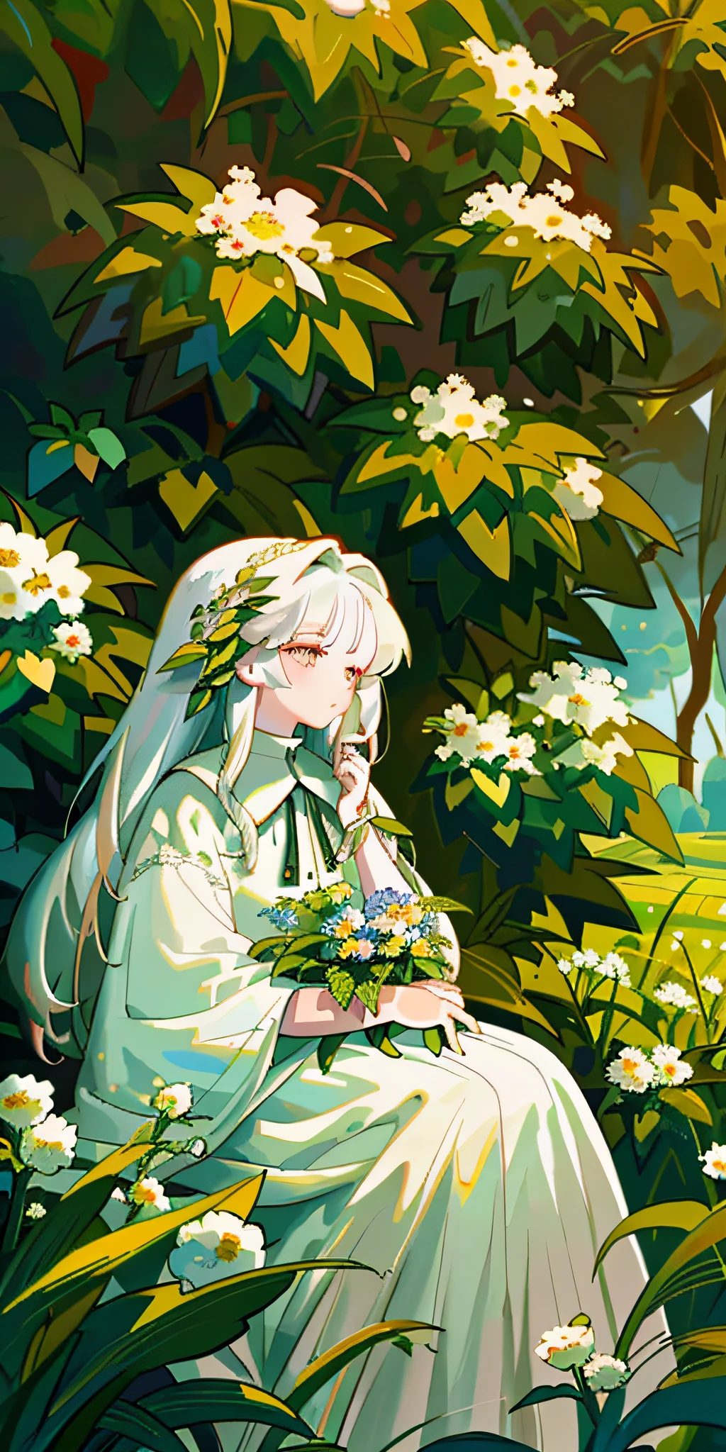 anime girl sitting in the grass with flowers in her hand, digital art on pixiv, anime illustration, digital anime illustration, anime wallaper, official artwork, fey queen of the summer forest, anime fantasy illustration, beautiful anime art, pixiv contest winner, , beautiful anime artwork, goddess of spring, korean art nouveau anime, pixiv style, white haired deity