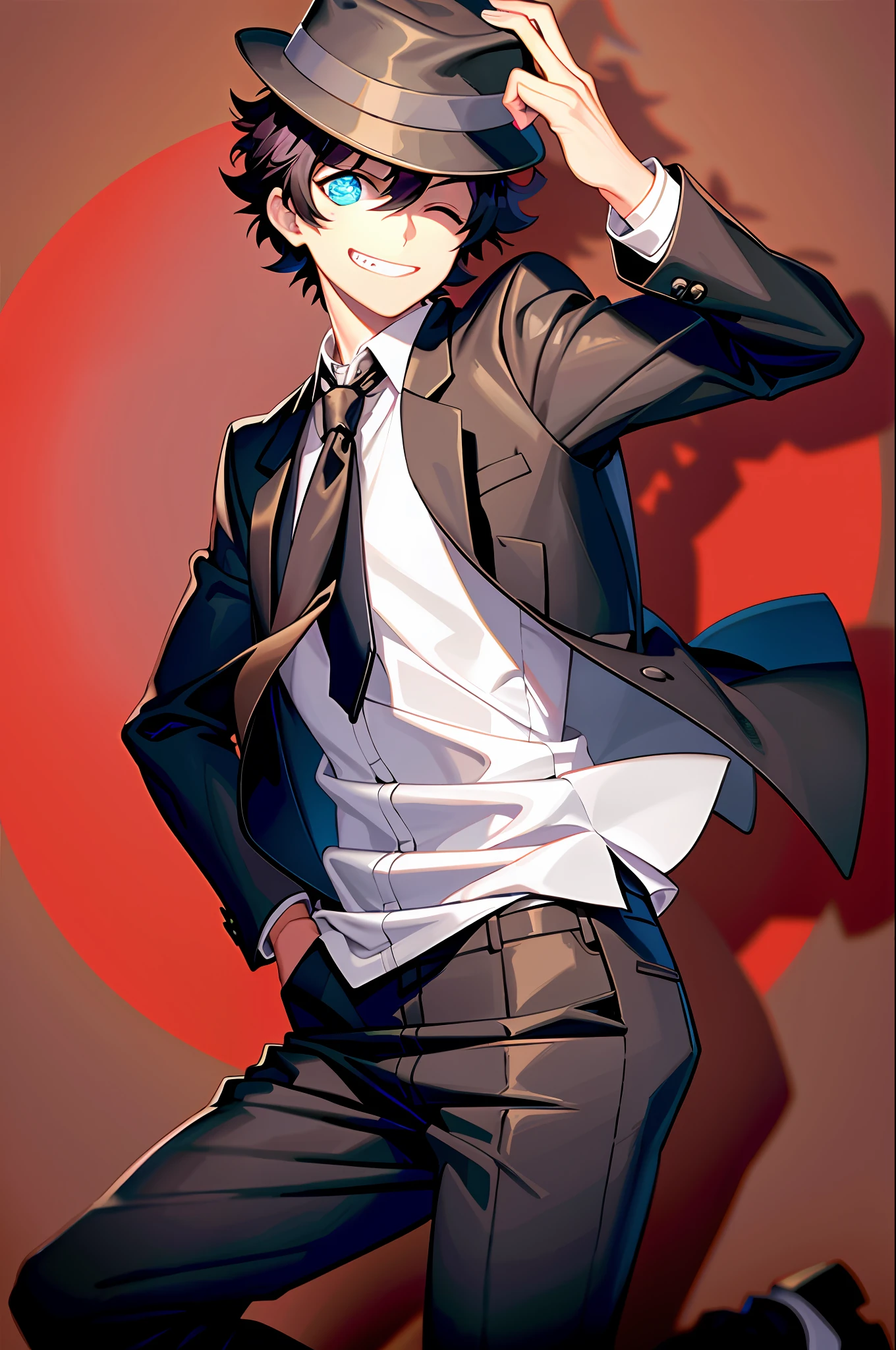 masterpiece, best quality, solo, smile, male focus, necktie, 1boy, hat, blue eye,one eye closed, grin, black hair, black necktie, formal, suit, pants, hands in pockets, shirt, jacket, fedora, hand in pocket, black pants, spotlight, dress shirt, white shirt, black headwear, cowboy shot, standing, short hair, black jacket, long sleeves, ^_^,red background,