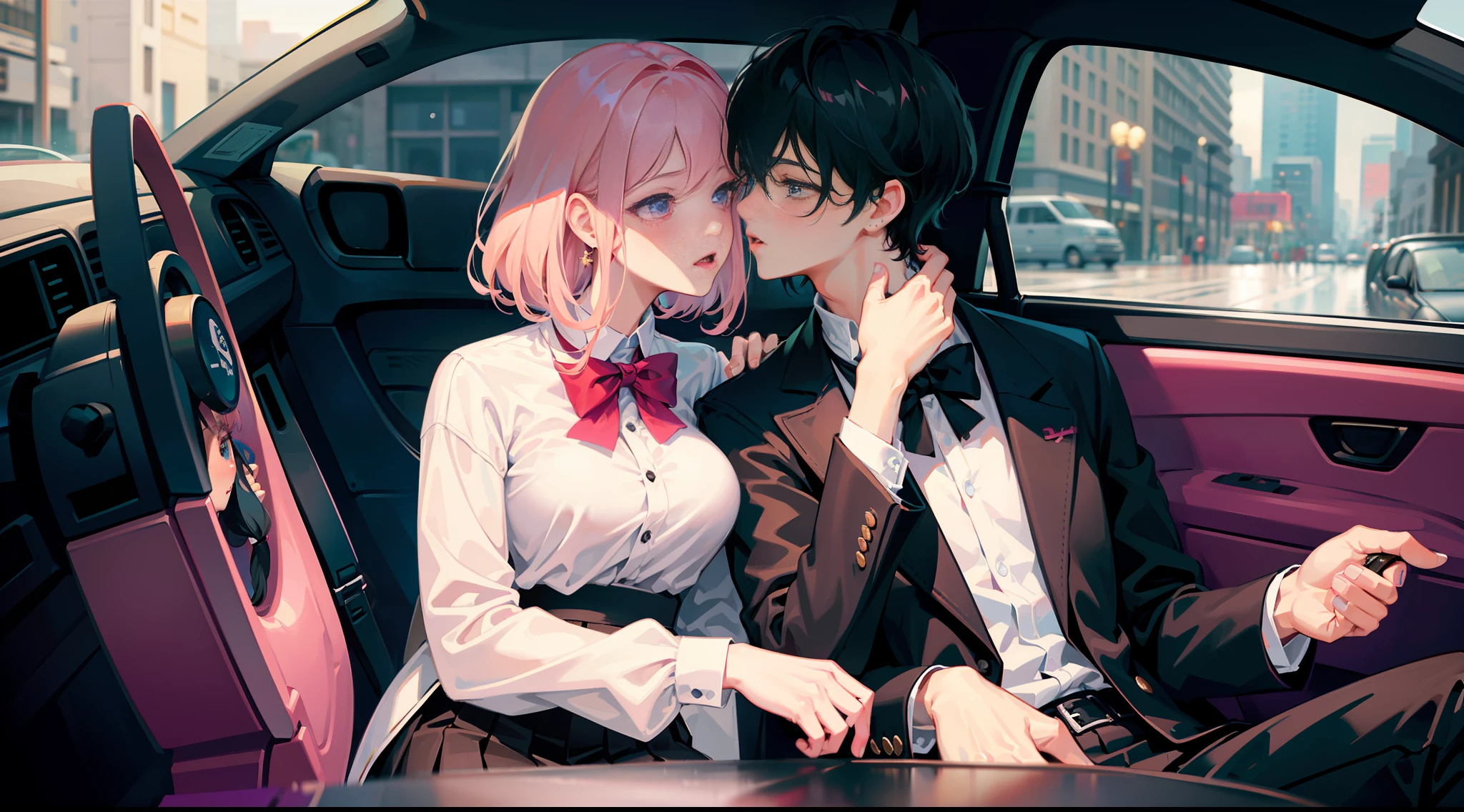 Masterpiece, best quality, super detailed, illustration, beautiful detailed eyes, close up, with a boy and a girl. It is pink hair, white pleated shirt, breast art, skirt. The boy is black hair, black suit, black pants. Boys and girls kissing in car, heavy rain weather