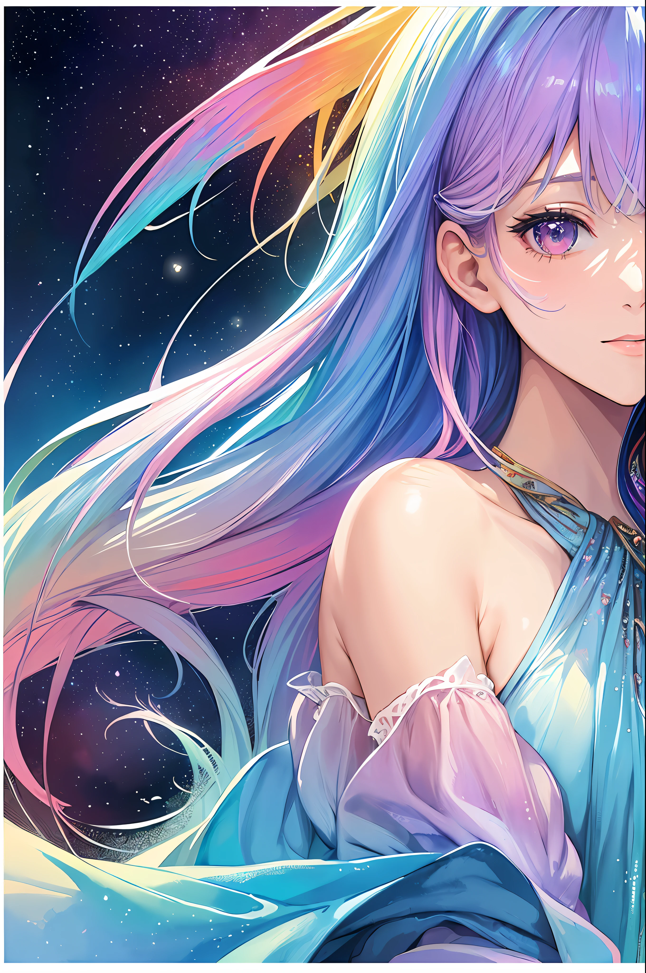 (masterpiece, top quality, best quality,watercolor (medium),official art, beautiful and aesthetic:1.2),(1girl:1.3), (fractal art:1.3),upper body, from side, looking at viewer,patterns,(rainbow color Hair,colorful hair,half blue and half pink hair:1.2),water,liquid, cloud,colorful, starry,stars,