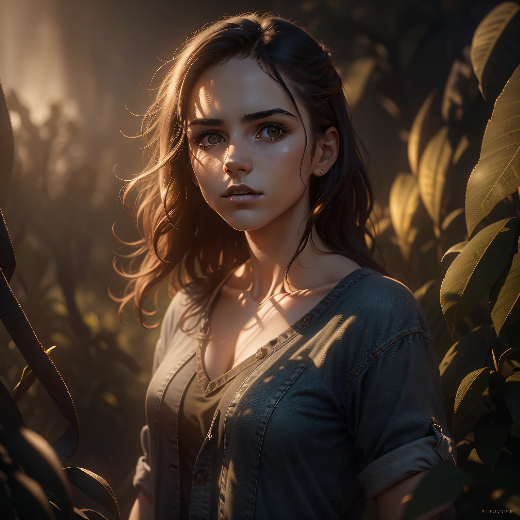 8k, RAW photo, best quality, masterpiece, ultra high res, (photorealistic:1.4), golden hour, dramatic shadows, (moody atmosphere:1.5), (facial shadows, body shadows:1.5), Well-defined contours, in flower garden, 1girl, shirts, jeans,