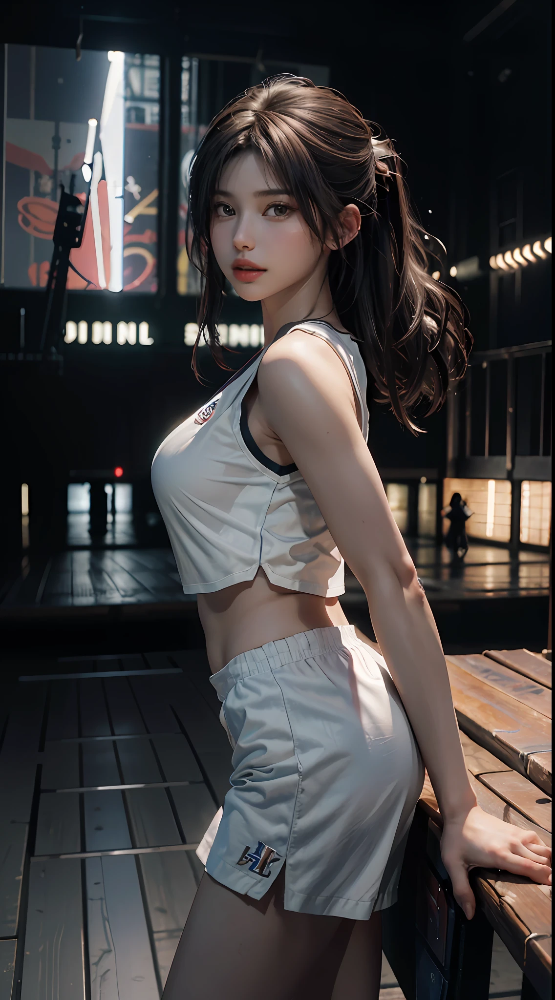 (RAW photo, 4k, masterpiece, high resolution, extremely complex) (realistic: 1.4), cinematic lighting
1 pretty girl, white skin, big breasts, single focus, summer noon, hot, 1990s \(style\), (best quality), (highres), (an extremely delicate and beautiful),,(Beautiful 8k face), (brown eyes), (ulzzang-6500:1.0), (solo), (looking side) ,(spectators),(large breasts),(NBA),Beautiful movements
lookside,(side), ,(Basketball sportswear),((Play basketball)),((gymnasium)),((speed)),(reality),