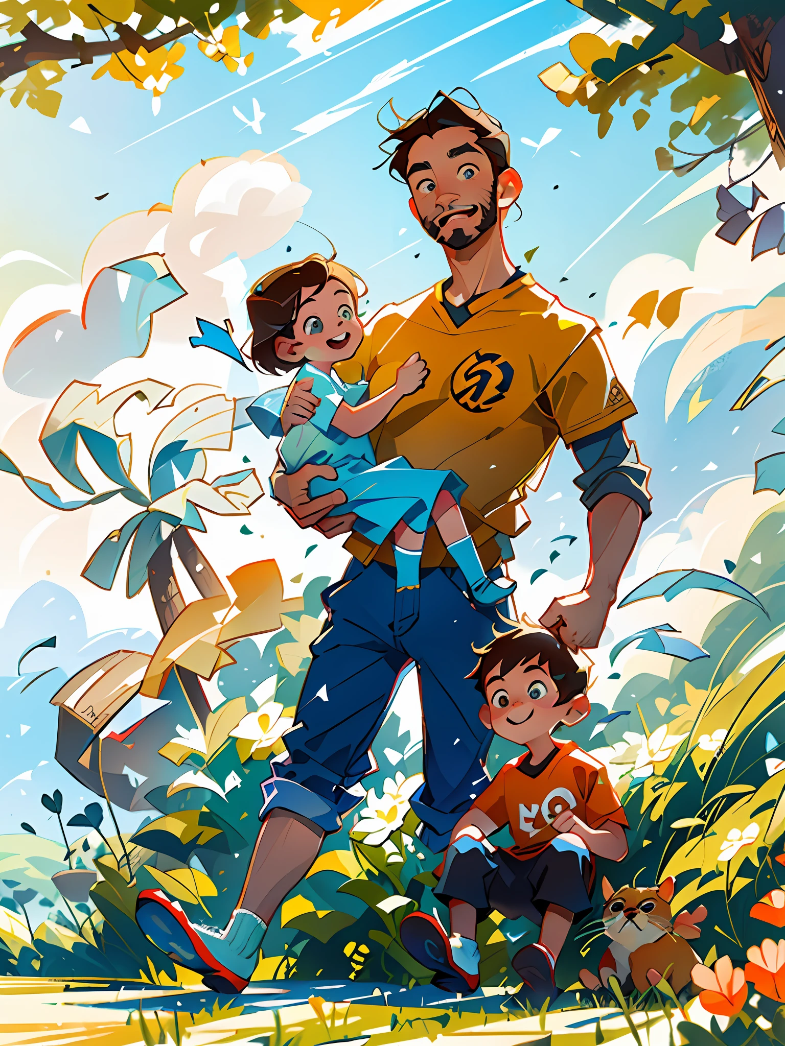 (Best quality: 1.33), (Masterpiece: 1.42), (Reality: 1.24), (detail: 1.15), Professional shooting, action shooting, Illustration poster,, flat illustration, Father's Day, Asia,father and son, father smile, (father with whiskers),short hair,black hair,clear facial features, smile happiness on face, middle-aged father holding child, grass,father is riding a bicycle on a country road,sunny, (son sits on the back of bicycle),blue sky and white clouds, warm background for two people, bright colors, high saturation, contour light, warm bright, colorful, HD 8K ,