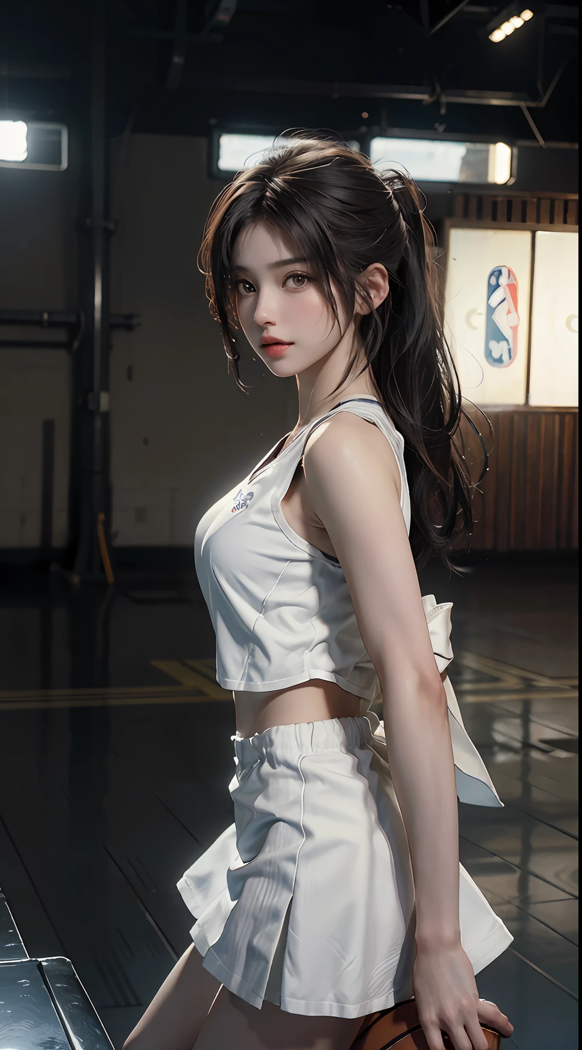 (RAW photo, 4k, masterpiece, high resolution, extremely complex) (realistic: 1.4), cinematic lighting
1 pretty girl, white skin, big breasts, single focus, summer noon, hot, 1990s \(style\), (best quality), (highres), (an extremely delicate and beautiful),,(Beautiful 8k face), (brown eyes), (ulzzang-6500:1.0), (solo), (looking side) ,(spectators),(large breasts),(NBA),Beautiful movements
lookside,(side), ,(Basketball sportswear),((Play basketball)),((gymnasium)),((speed)),(reality),