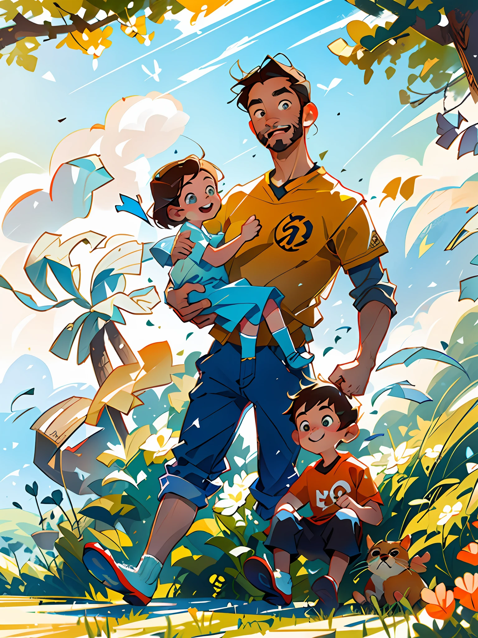 (Best quality: 1.33), (Masterpiece: 1.42), (Reality: 1.24), (detail: 1.15), Professional shooting, action shooting,  Illustration poster,, flat illustration, Father's Day, Asia,father and son, father smile, (father with whiskers),short hair,black hair,clear facial features, smile happiness on face, middle-aged father holding , grass,father is riding a bicycle on a country road,sunny, (son sits on the back of bicycle),blue sky and white clouds, warm background for two people, bright colors, high saturation, contour light, warm bright, colorful, HD 8K ,