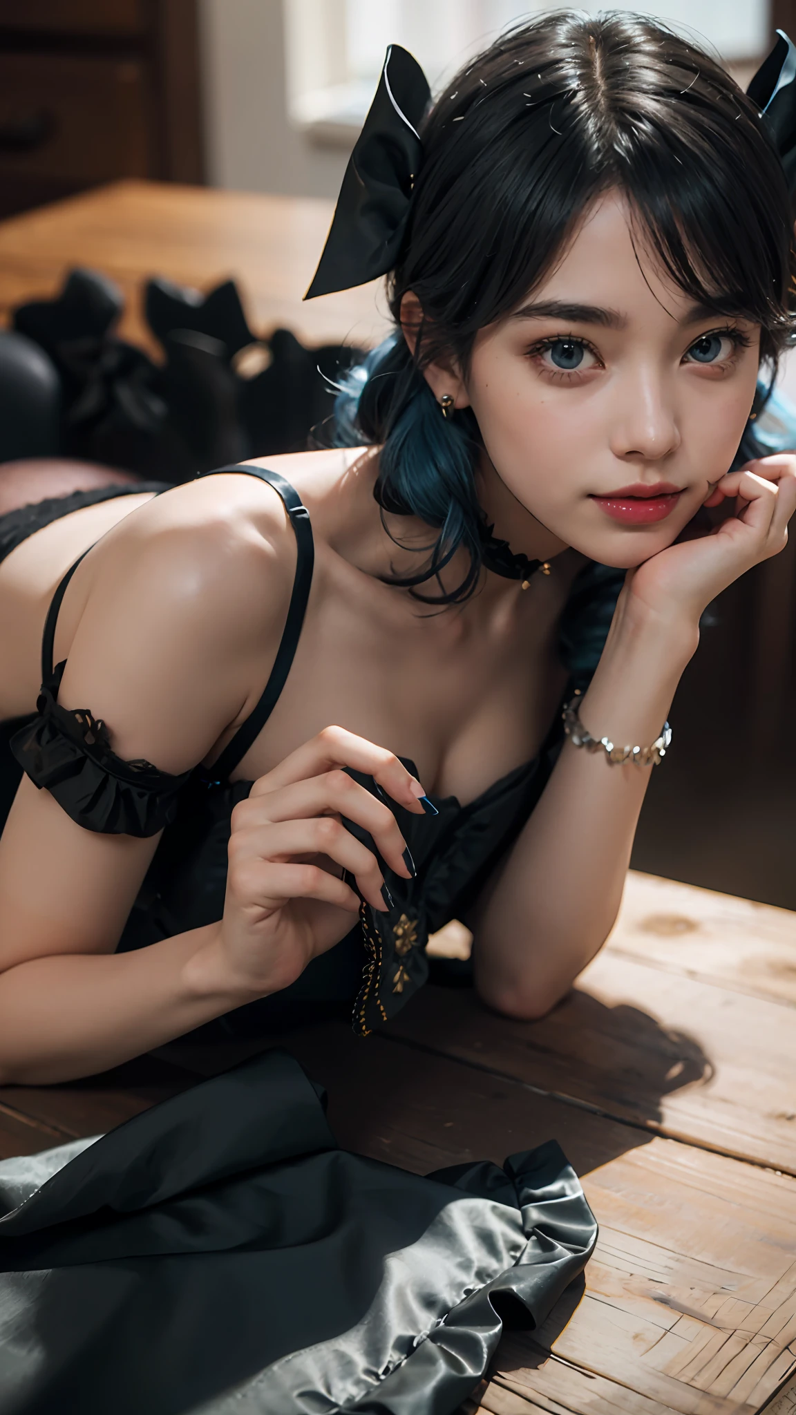 best quality, masterpiece, super high resolution, (realistic:1.4), original photo, 1girl, black bow, black gloves, black stockings, blue eyes, blue hair, bow, collarbone, dress, drilled hair, frilled dress, frilled hair, gwen (League of Legends\), hair accessory, high resolution, long hair, parted lips, nudity, pink pupils, smile, solo, lingerie, (lying on the table: 0.8), hands, turn your head to look at the camera, support your head with your hands, bread, breakfast