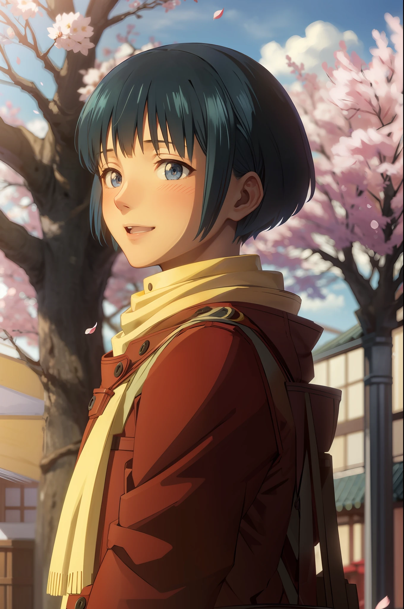 nakatsuki botan\(mononogatari\), 1girl, solo, looking at viewer, blue eyes, blue hair, short hair, smile, blush, short hair, hair ornament, hairclip, outdoors, scarf, tree, coat, petals, cherry blossoms, red coat